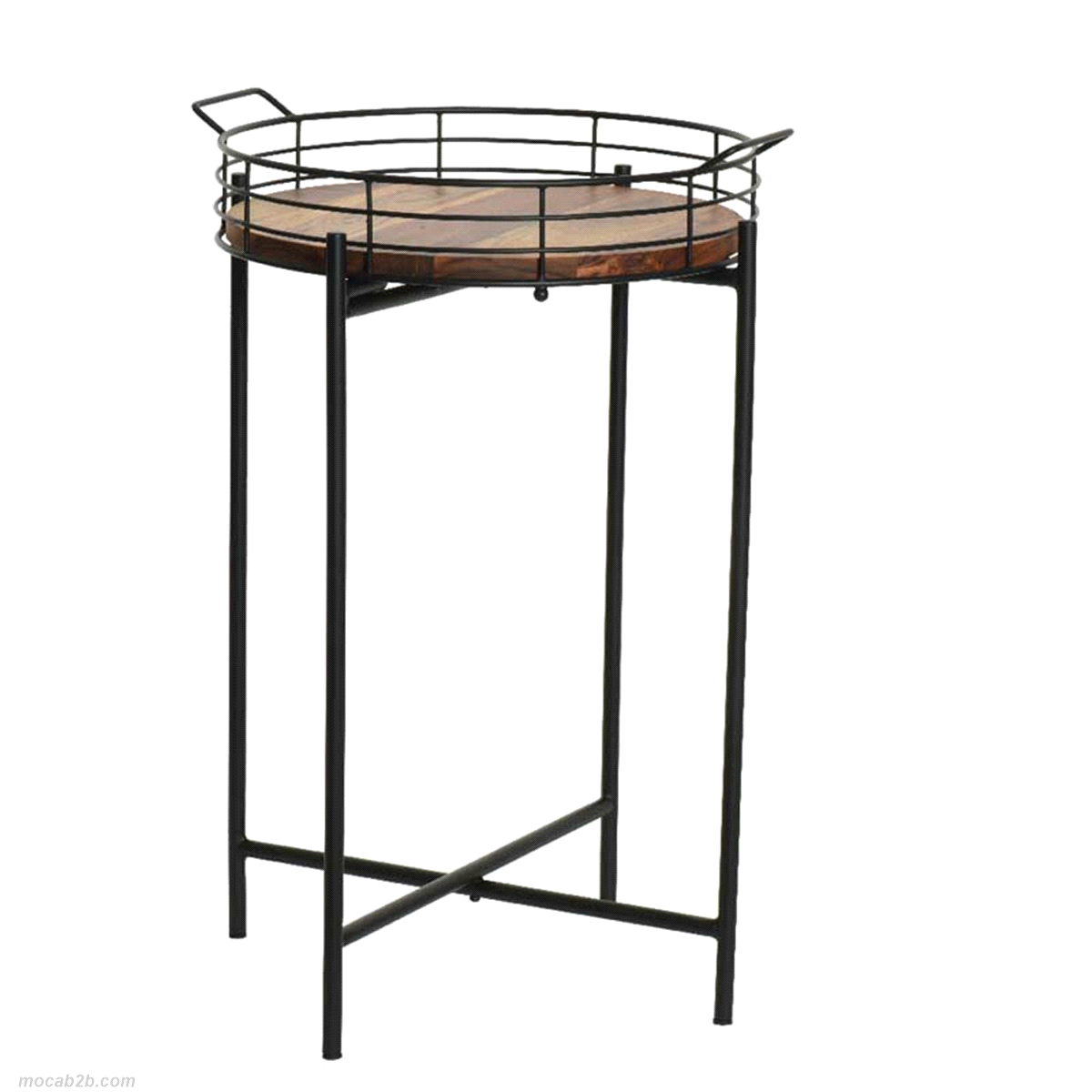 Tavolino alto in legno e struttura nera in ferro, da interno. Misure:diam.41 h.61cm. 