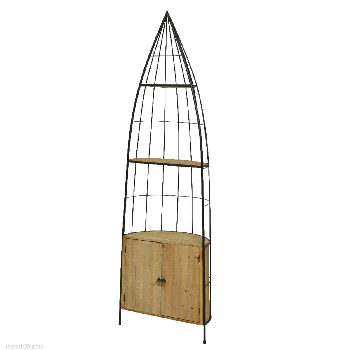 Mobiletto nero in ferro con scomparto e mensola in legno naturale da interno. Misure: 56x37 h.187cm. 