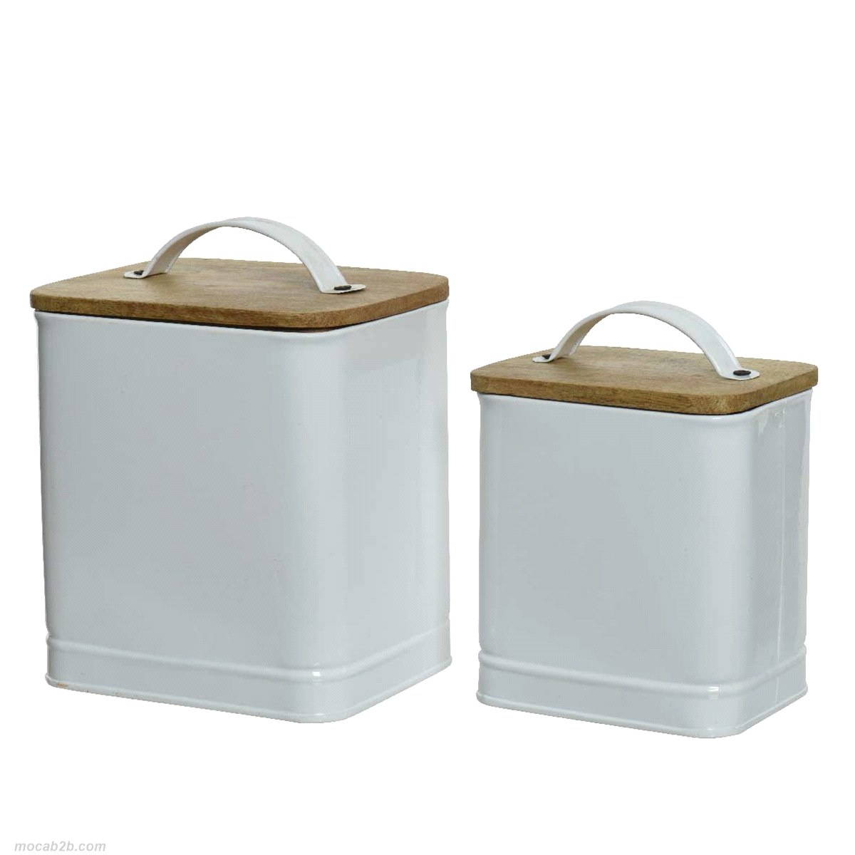 Set 2 barattoli da conservazione zincati di colore bianco con tappo in legno naturale. Misure: 16x13h.18cm/13x10 h.14cm. 