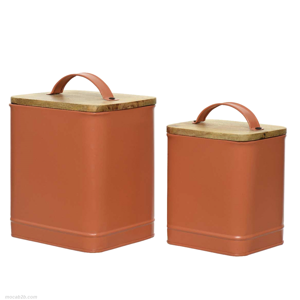Set 2 barattoli da conservazione zincati di colore terracotta con tappo in legno naturale. Misure: 16x13h.18cm/13x10 h.14cm. 