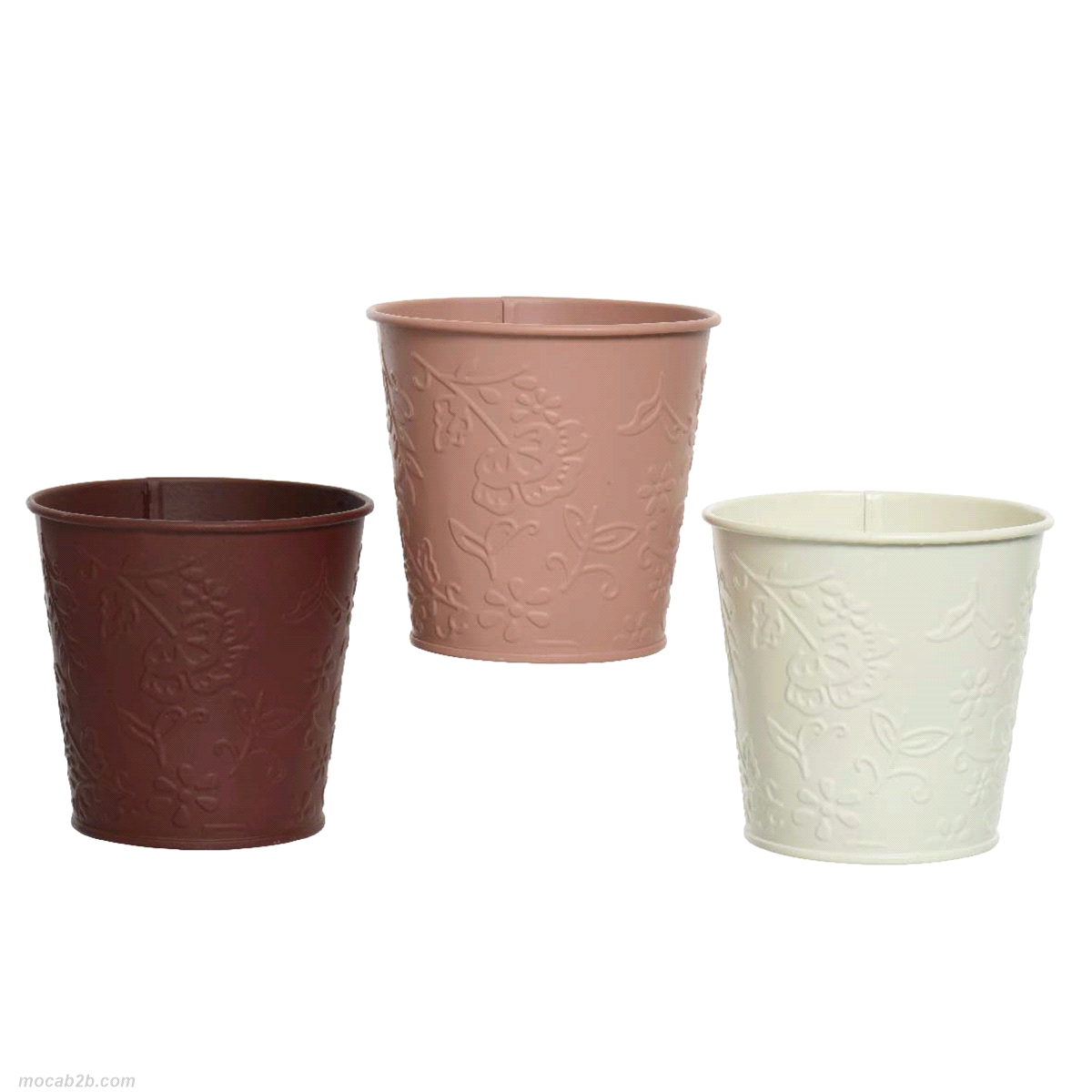 Fioriera zincata 3 colori assortiti (rosa antico, bianco, marrone) da in interno ed esterno. Misure:diametro 16h.14,7cm. 