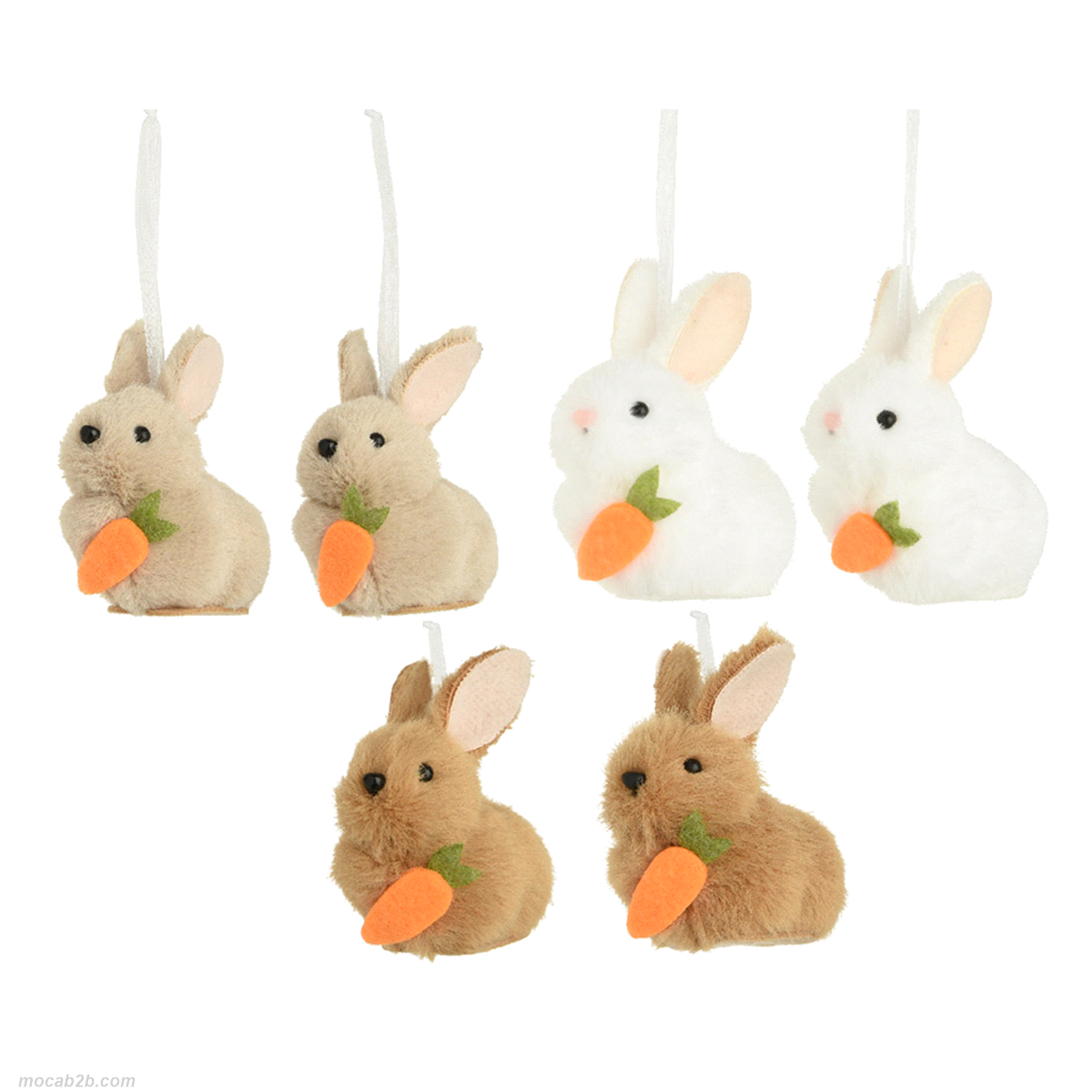Coniglietti assortiti in polyester in busta da 2 pezzi da appendere. Misure: 6x5x h.7cm. 