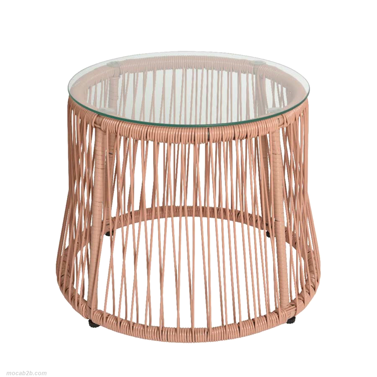 Tavolo salento rosa in vimini con piano in vetro da esterno. Misure: diam.56 h.44cm. 