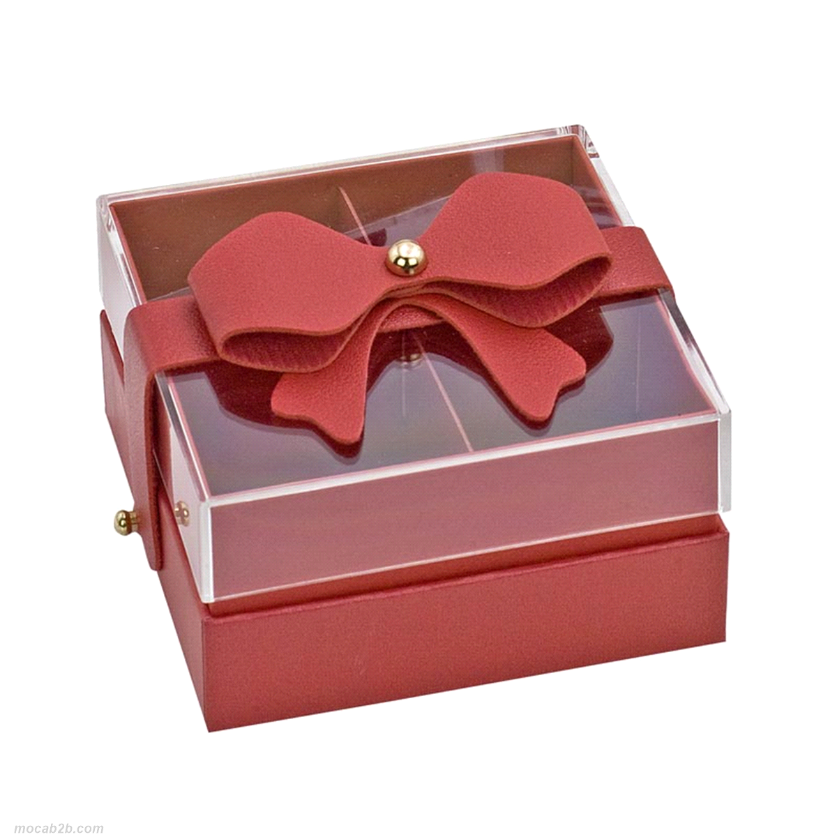 Scatola rossa in cartone e plexiglass con divisore. Dimensioni: 9,8x9,8x5,3cm. 