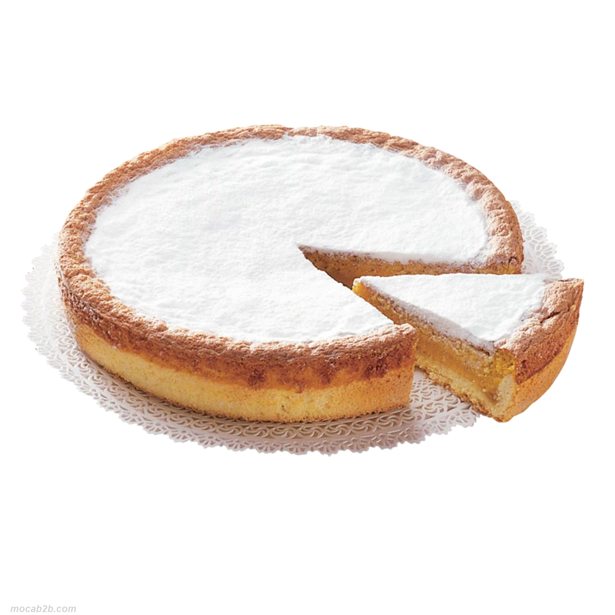 Torta di frolla farcita con crema al limone, spolverata con zucchero a velo. Scongelare 3/4 ore a temperatura ambiente. 