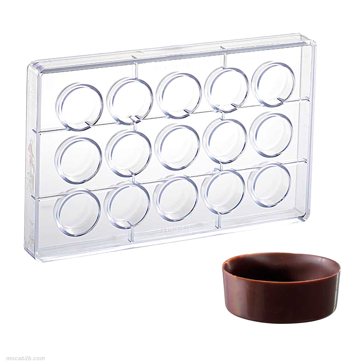 Stampo in policarbonato per la realizzazione di praline o mignon da farcire a piacimento, linea ChocoFill. Misura pralina: ø 37 h 14 mm. Produttività articolo: 15 pcs 