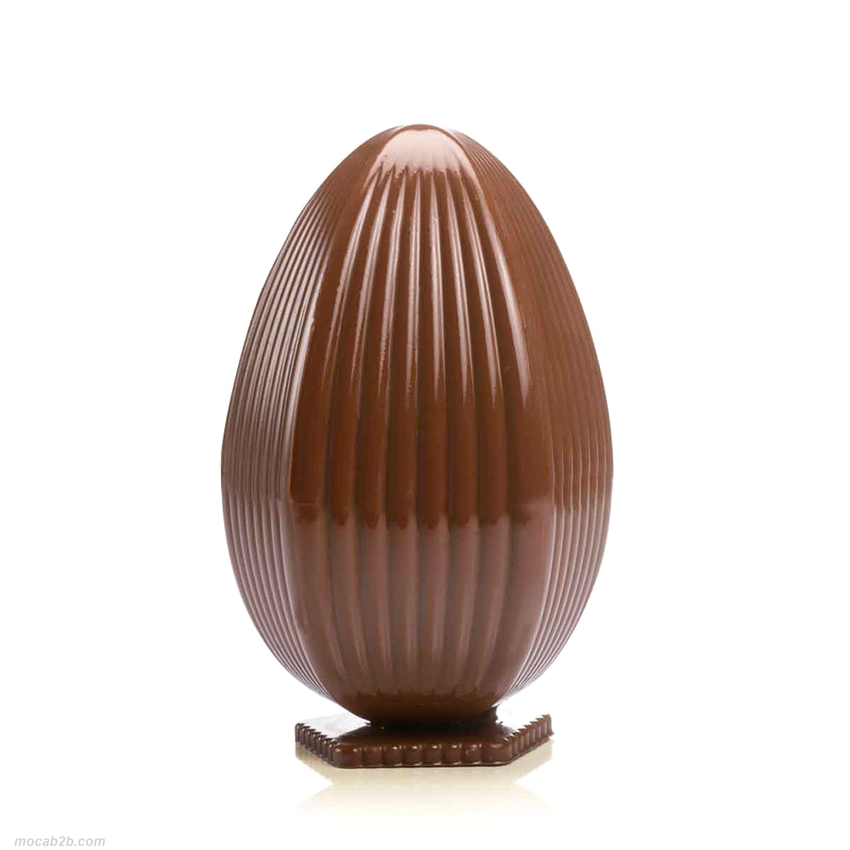 Stampo in plastica termoformata per uova di Pasqua con strisce verticali di cioccolato. Colore : trasparente
Dimensione uovo: ø 120 h 185 mm - Peso del prodotto finito : 300 gr. 