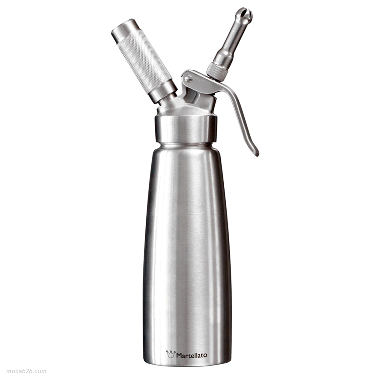 Sifone per panna professionale in acciaio inox da 500ml o 1000ml, adatto per la preparazione rapida di panna montata, mousse pan di spagna, torte, schiume fredde, salse e per la guarnizione di cappuccini, caffè, gelati e torte. 