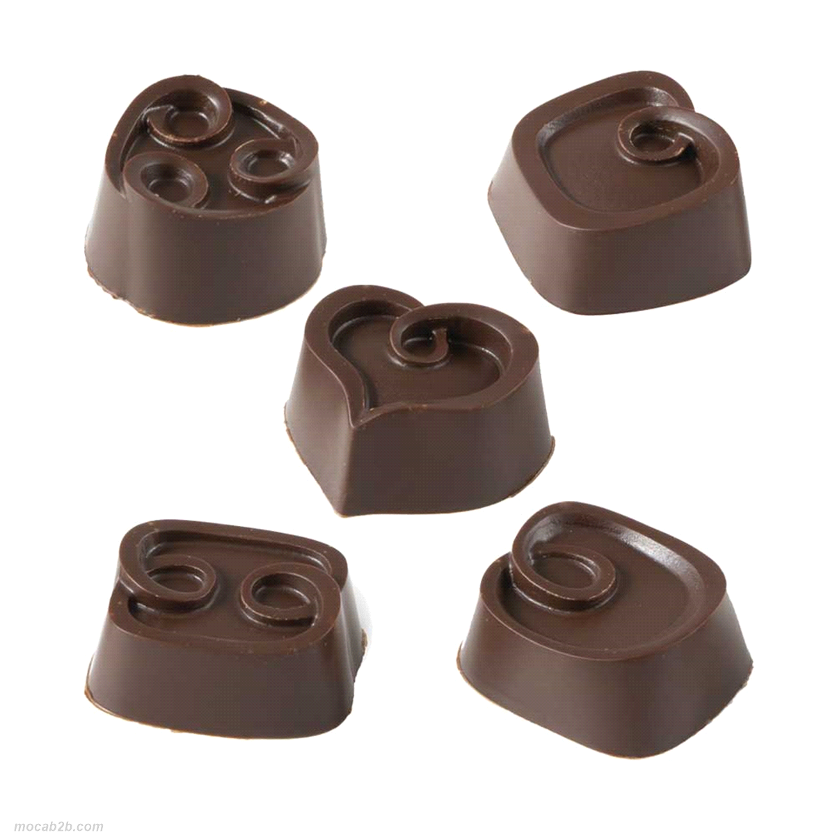 Stampo in policarbonato per praline di varie forme con decorazioni arricciate.
Ogni stampo permette la produzione di 6 praline per tipologia. 