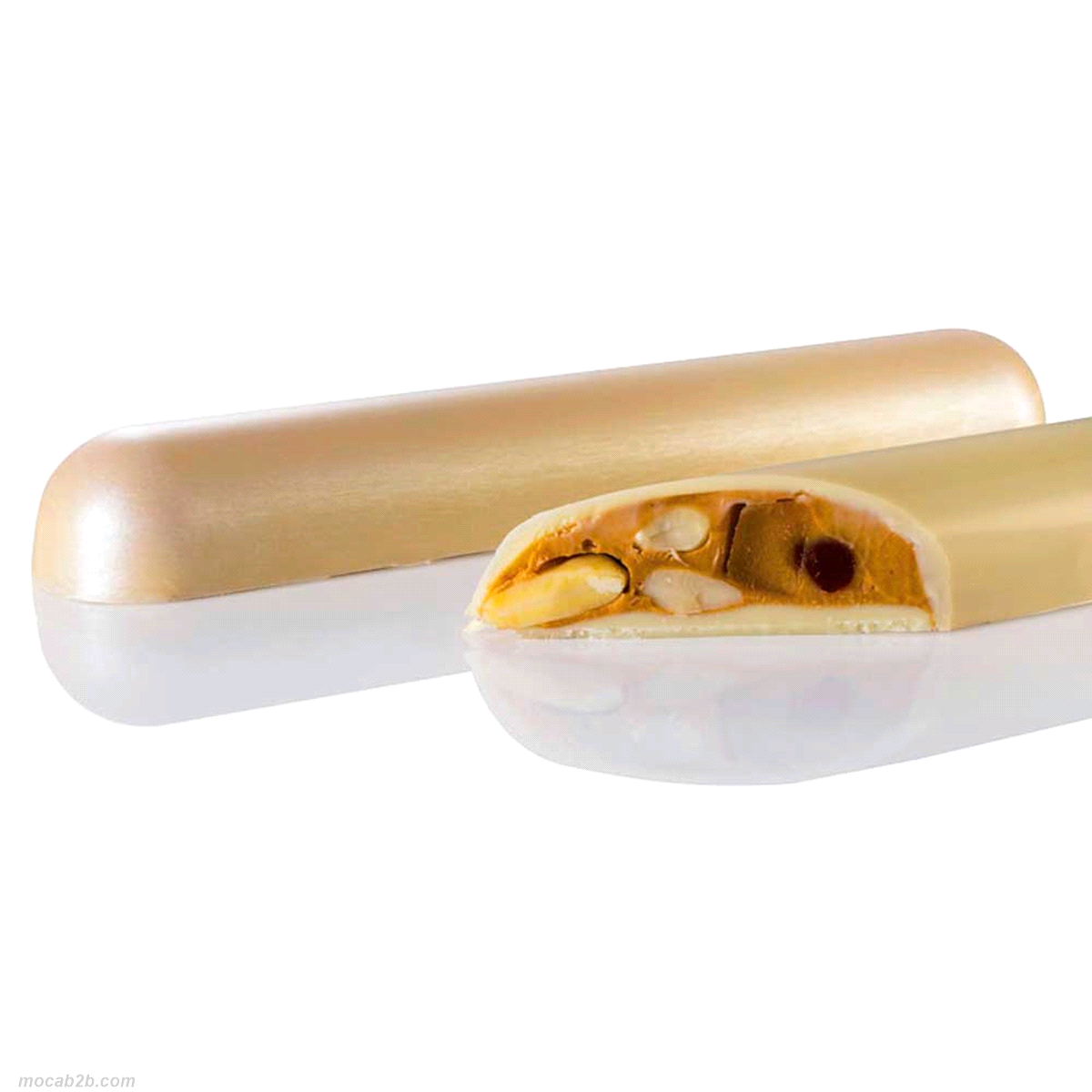 Stampo in policarbonato per torrone al cioccolato della linea Chocolog. Dimensioni del prodotto : 275 x 175 mm. 
Dimensioni torrone al cioccolato: 198 x 35 x h 23 mm. 