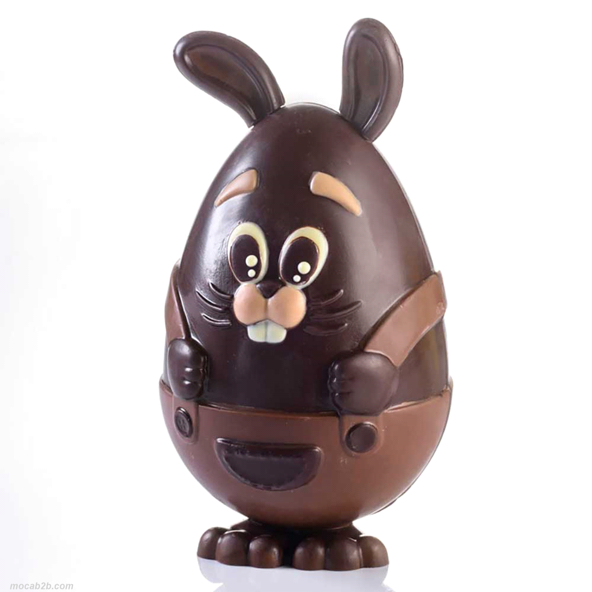 Stampo in plastica rigida termoformata per soggetti pasquali in cioccolato con corpo cavo a forma di uovo-coniglio. Con molle per il fissaggio. 