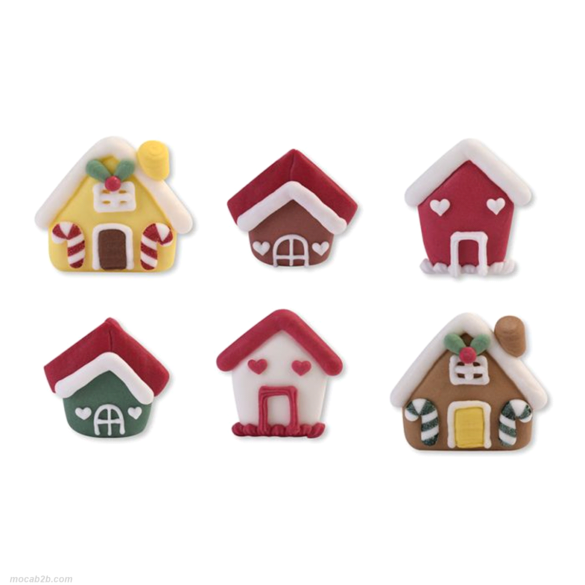 Casette Natale in zucchero in 6 modelli assortiti. Dimensioni: 3,6/4,5x h.3,5/3,9cm. Non contrngono coloranti azoici aggiuntivi. 