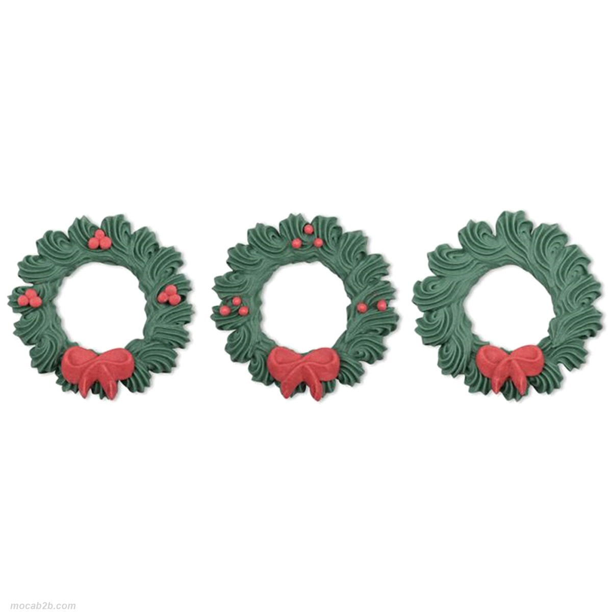 Ghirlandini Natale in zucchero con fiocco rosso in 3 modelli assortiti.Dimensioni: diametro 6 cm. Non contengono coloranti azoici aggiuntivi. 