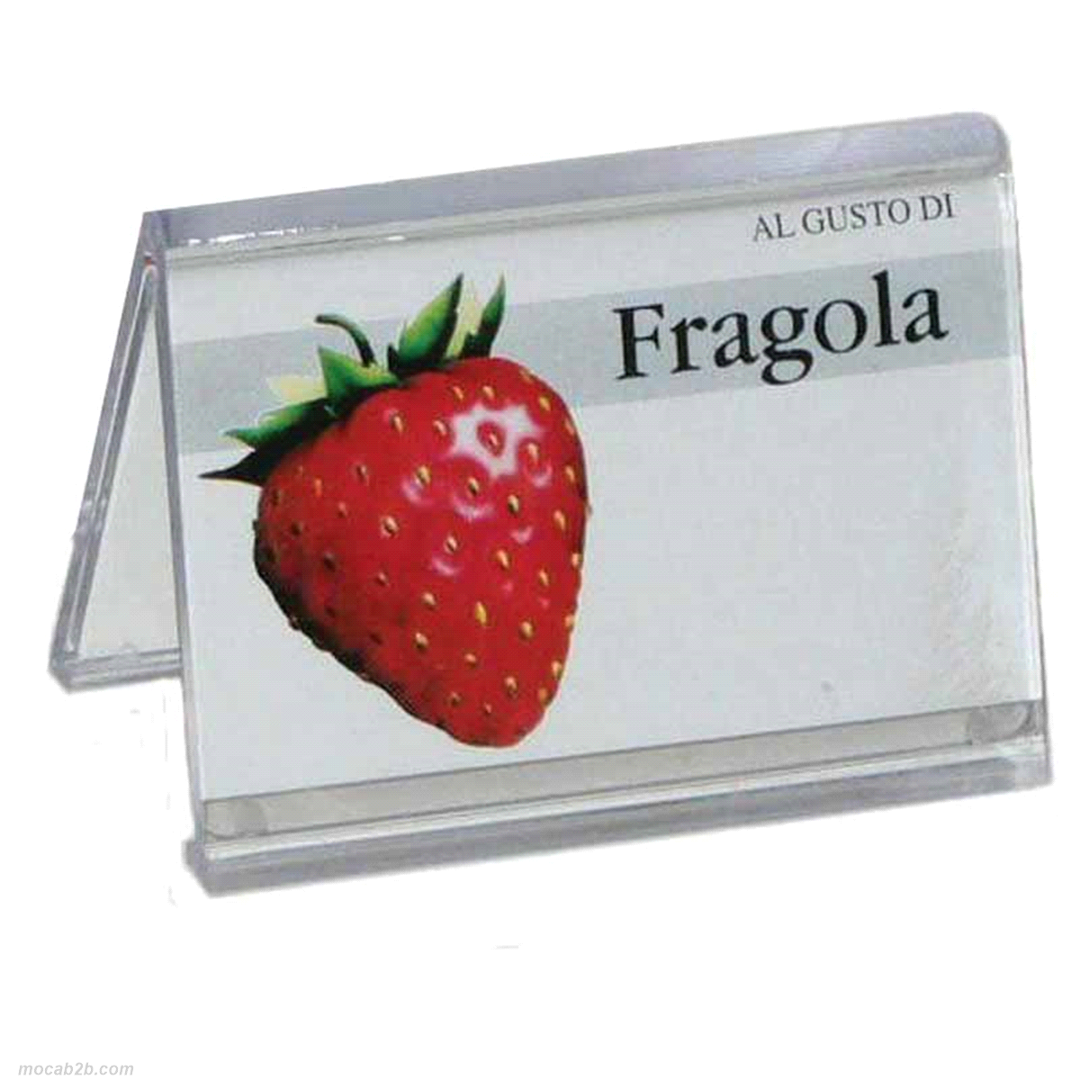 Targhetta in acrilico trasparente con chiusura ad incastro.
 