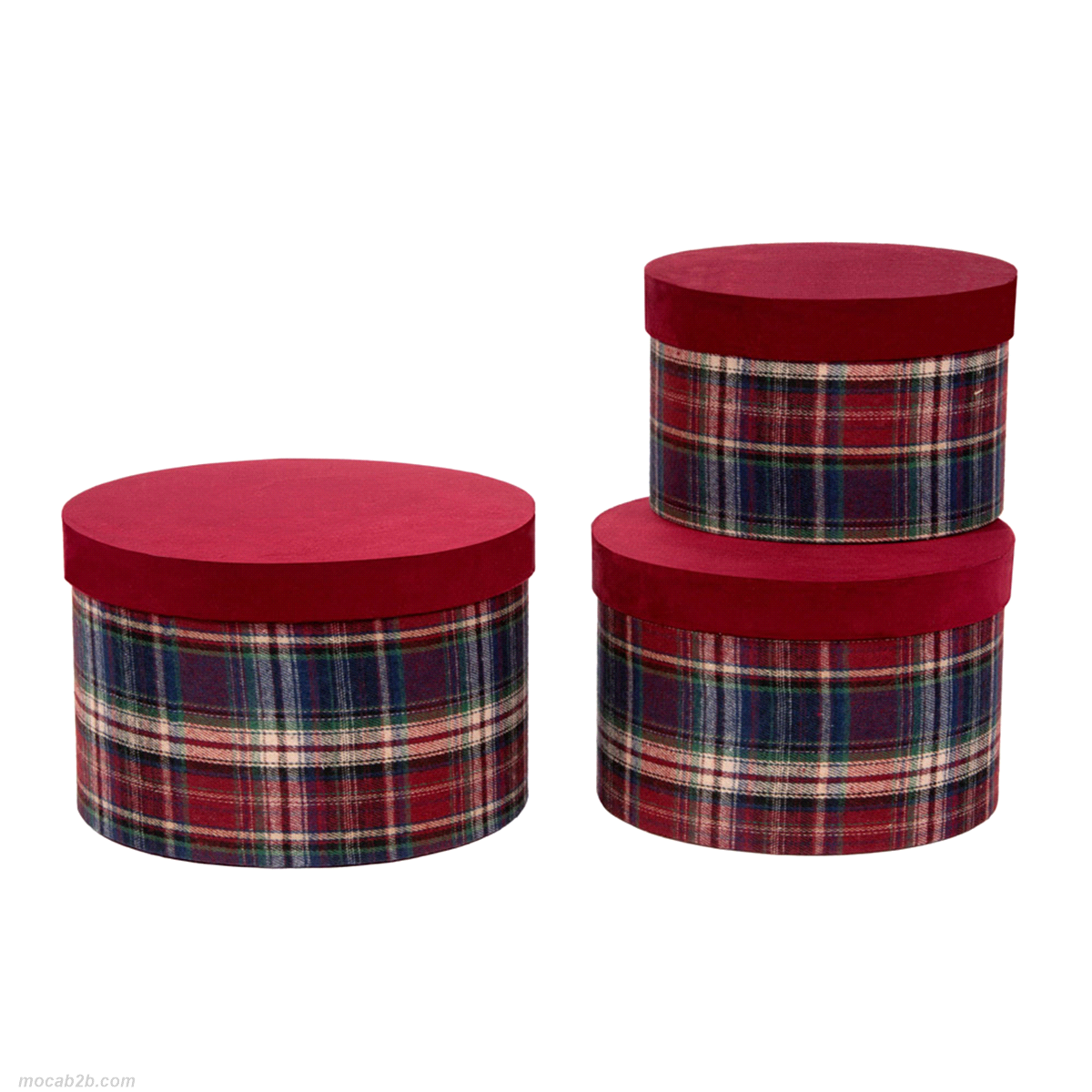 Set 3 scatole scozzesi bordeaux. Dimensioni:@23,5 h. 15,5/@21,5 h.14/@19xh.12,5. 