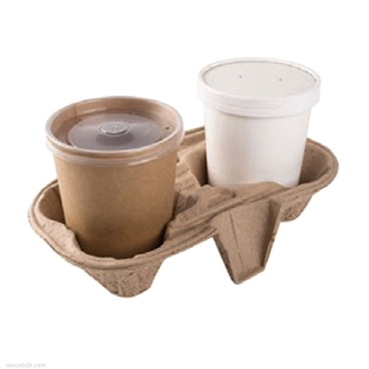 Interamente realizzato in massa di cellulosa riciclata. Può contenere coppe da 230 ml, 340 ml e 445 ml. Dimensione: 270x142x55 mm. 