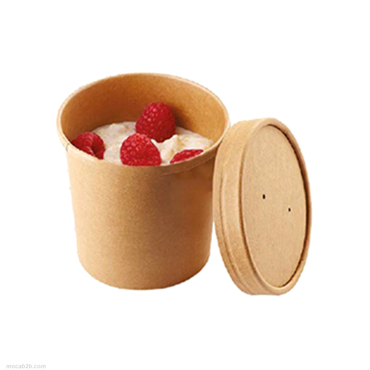 Contenitore 70x85mm 340ml, avana con coperchio in cartoncino. Idoneo all’utilizzo di cibi con alto contenuto di acqua e grassi. 