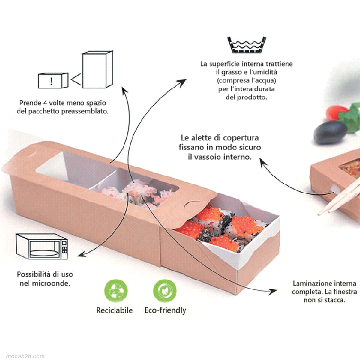 Porta macarons in cartoncino kraft con finestra. Dimensioni 180x110x55 mm. Ci stanno 12 macarons all