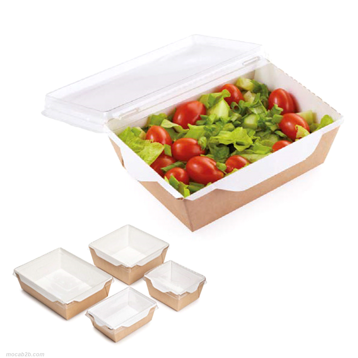 Contenitore 121x106x55 mm, con coperchio in PET trasparente. Imballaggio resistente all’olio e all’acqua, adatto per insalate fredde e calde, microondabile (senza coperchio). 