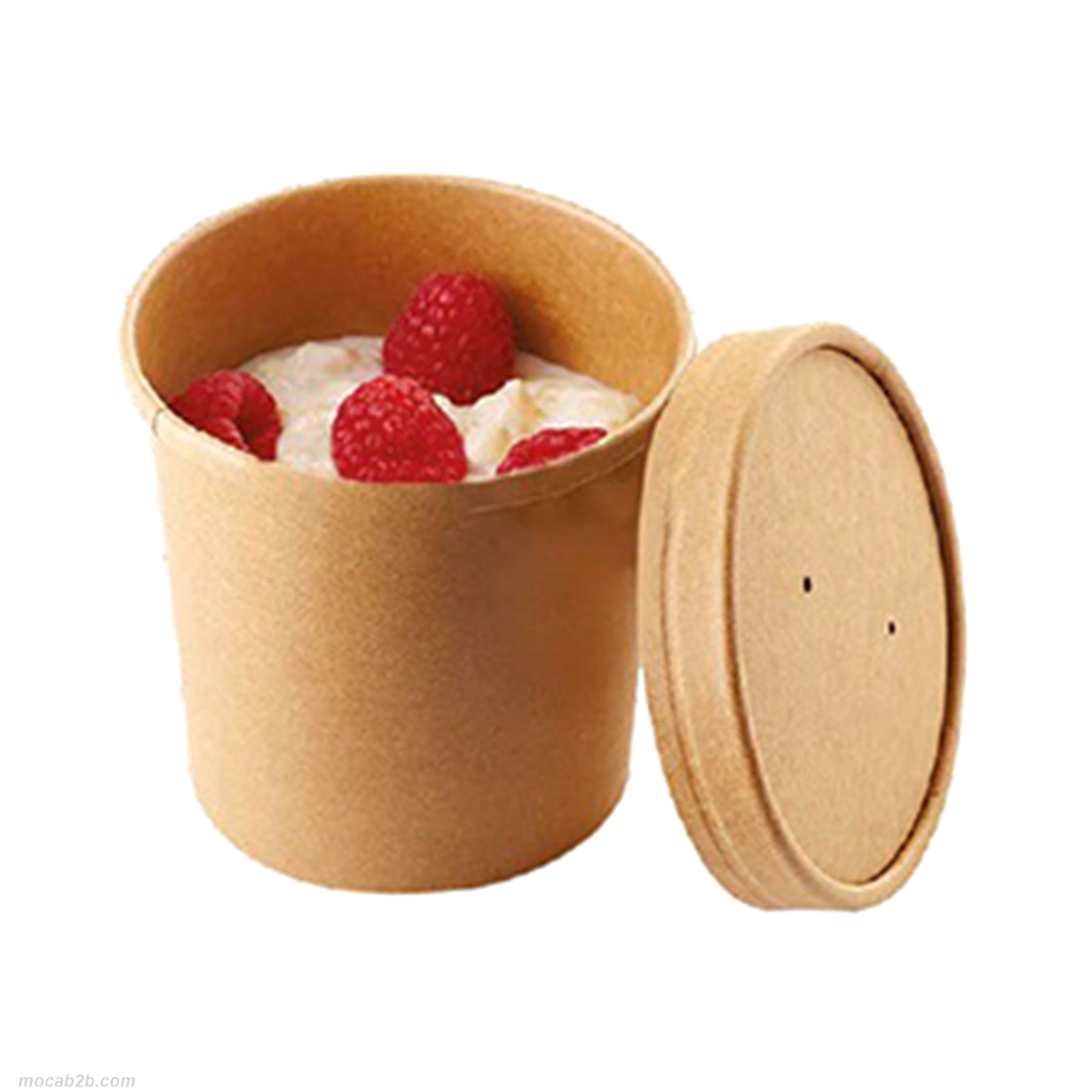 Contenitore 75x100mm 445ml, avana con coperchio in cartone. Idoneo all’utilizzo di cibi con alto contenuto di acqua e grassi. 