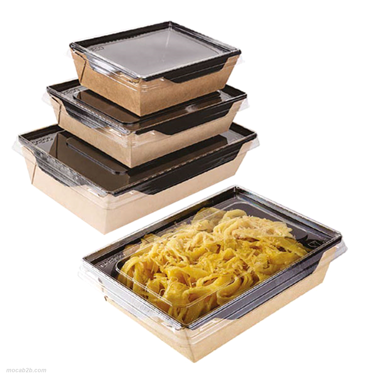 Contenitore 165x120x45 mm, con coperchio in PET trasparente. Imballaggio resistente all’olio e all’acqua, adatto per insalate fredde e calde, microondabile (senza coperchio). 