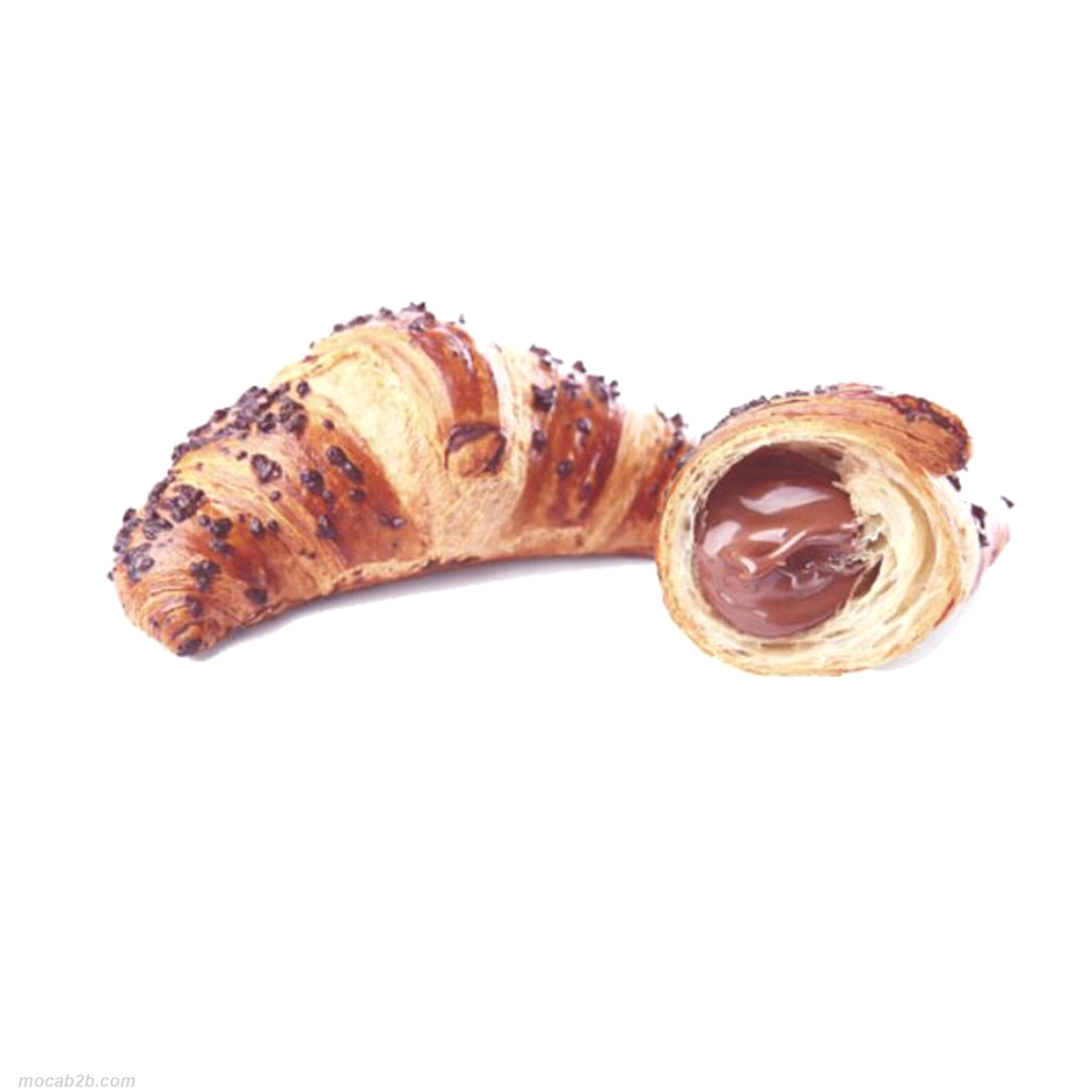 Croissant superfarcito da una ricca crema di cioccolato e nocciole in una delicata sfoglia burro e margarina. 
Peso: 90gr. Tempi di cottura: 21-23 min - 170°C
 