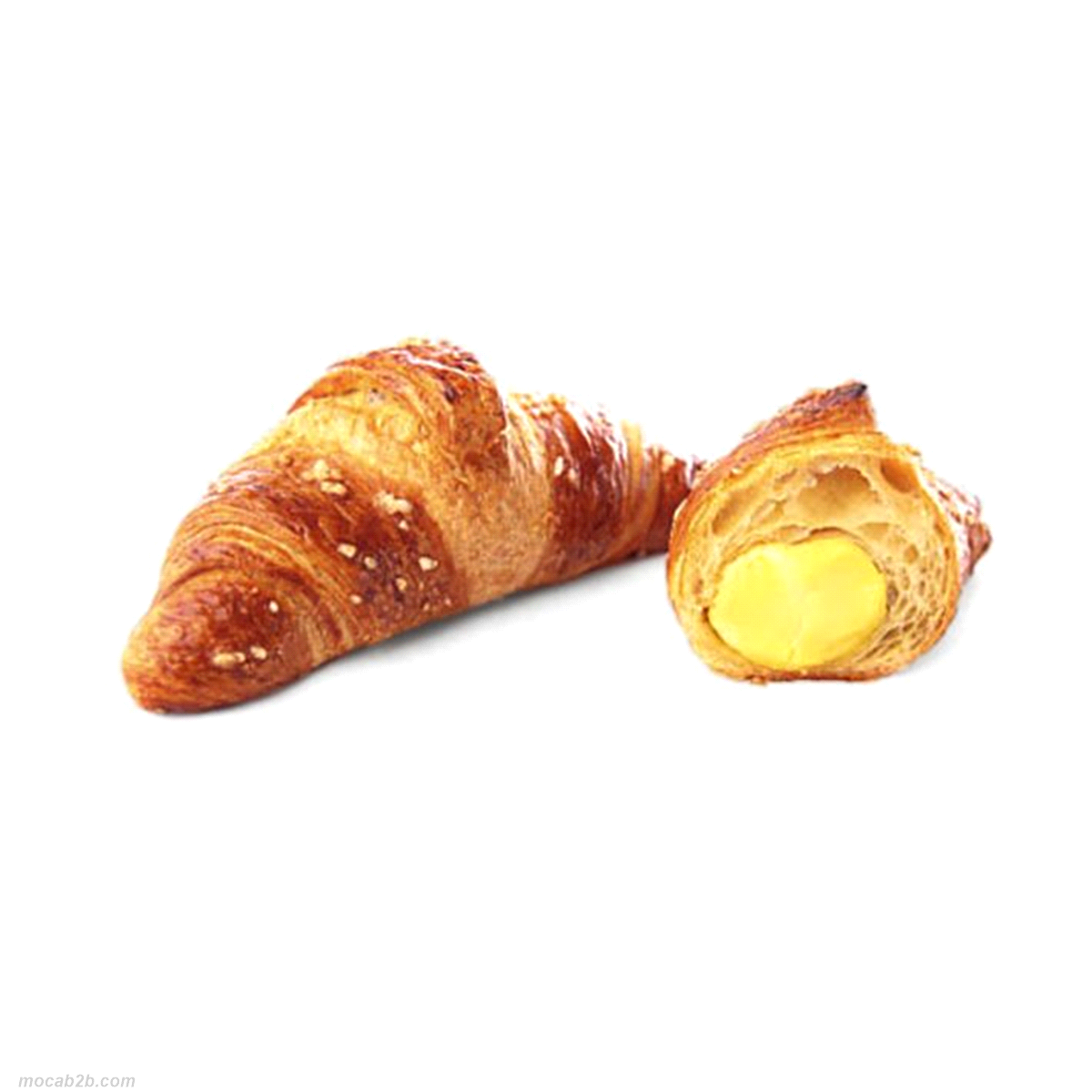 Croissant superfarcito alla crema pasticciera aromatizzata alla vaniglia in una delicata sfoglia burro e margarina. Peso: 90gr. Tempi di cottura: 21-23 min - 170°C. 