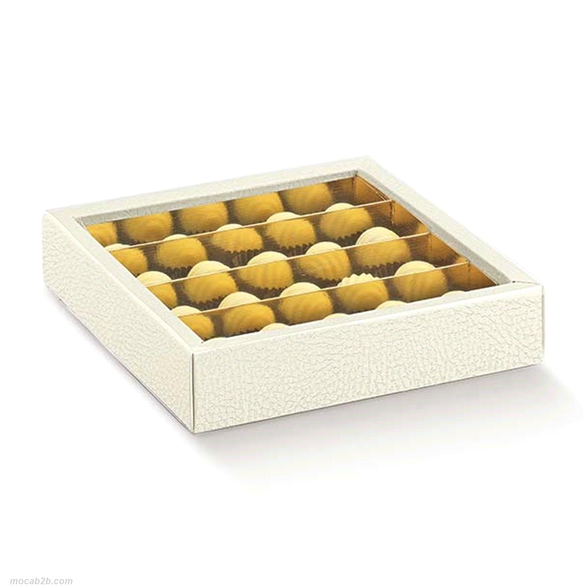 Scatola composta da fondo in cartoncino teso e fascetta di chiusura in pvc trasparente, provvista di inserto separatore modulare in cartoncino accoppiato a poliestere oro, per contenere praline, prodotti dolciari.
 