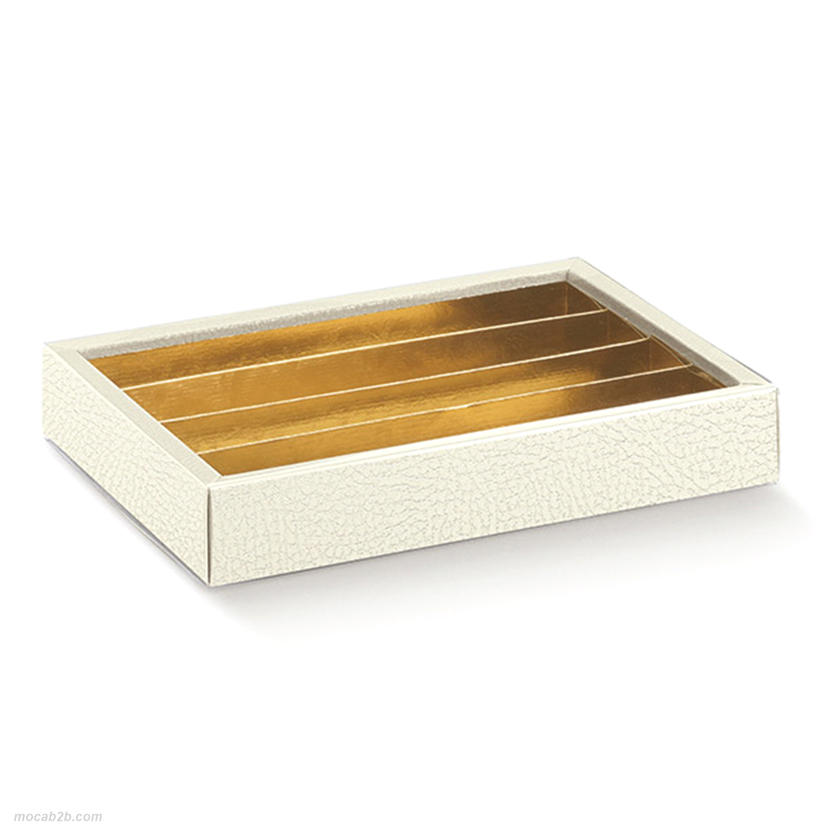 Scatola composta da fondo in cartoncino teso e fascetta di chiusura in pvc trasparente, provvista di inserto separatore modulare in cartoncino accoppiato a poliestere oro, per contenere praline, prodotti dolciari. 