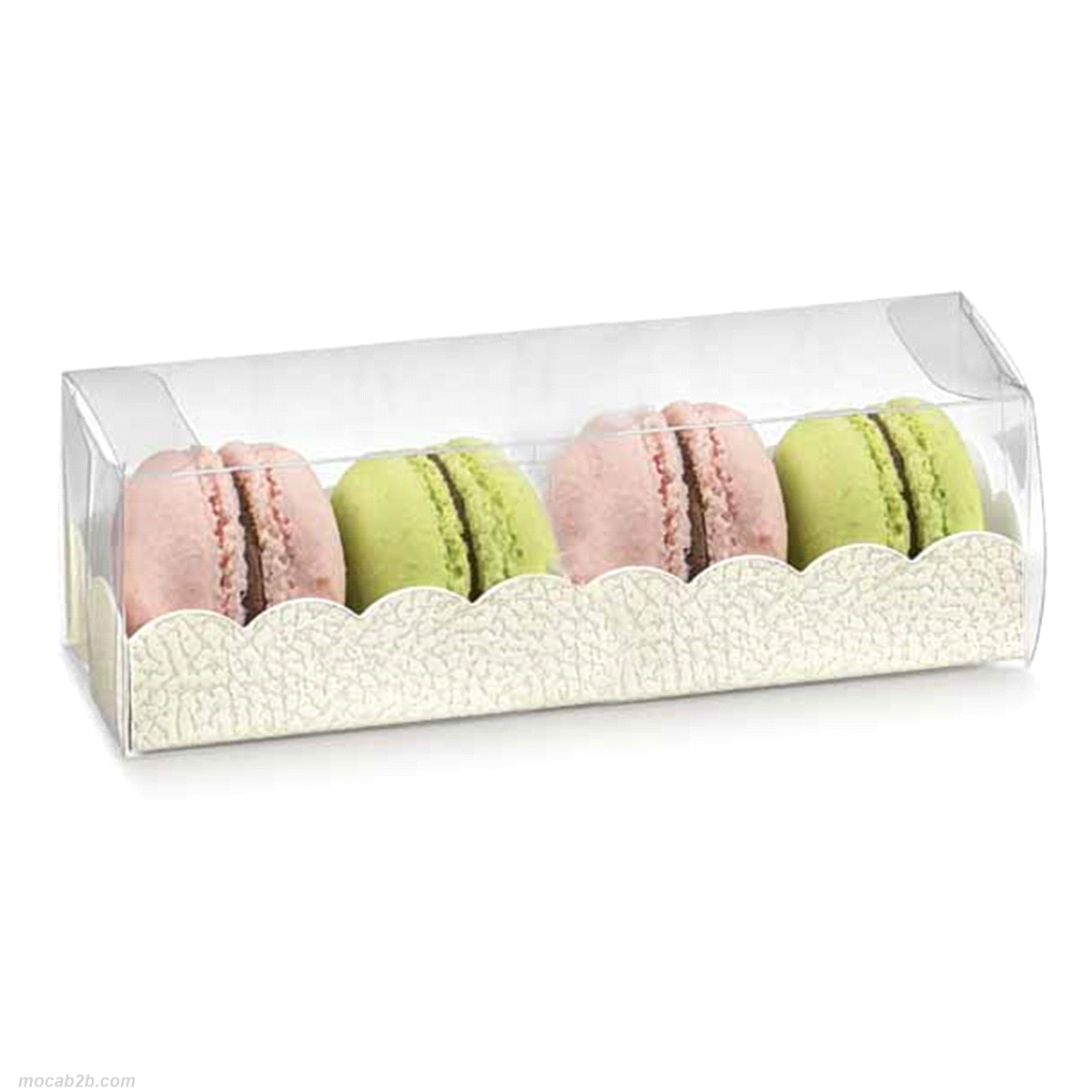 Astuccio trasparente con aperture laterali fornito con fondino goffrato esternamente e realizzato con cartoncino alimentare. Formati ideali per contenere macarons o dolcetti artigianali. 