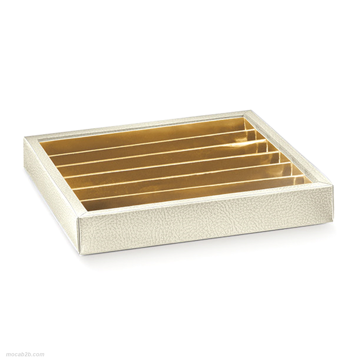 Scatola composta da fondo in cartoncino teso e fascetta di chiusura in pvc trasparente, provvista di inserto separatore modulare in cartoncino accoppiato a poliestere oro, per contenere praline, prodotti dolciari.
 