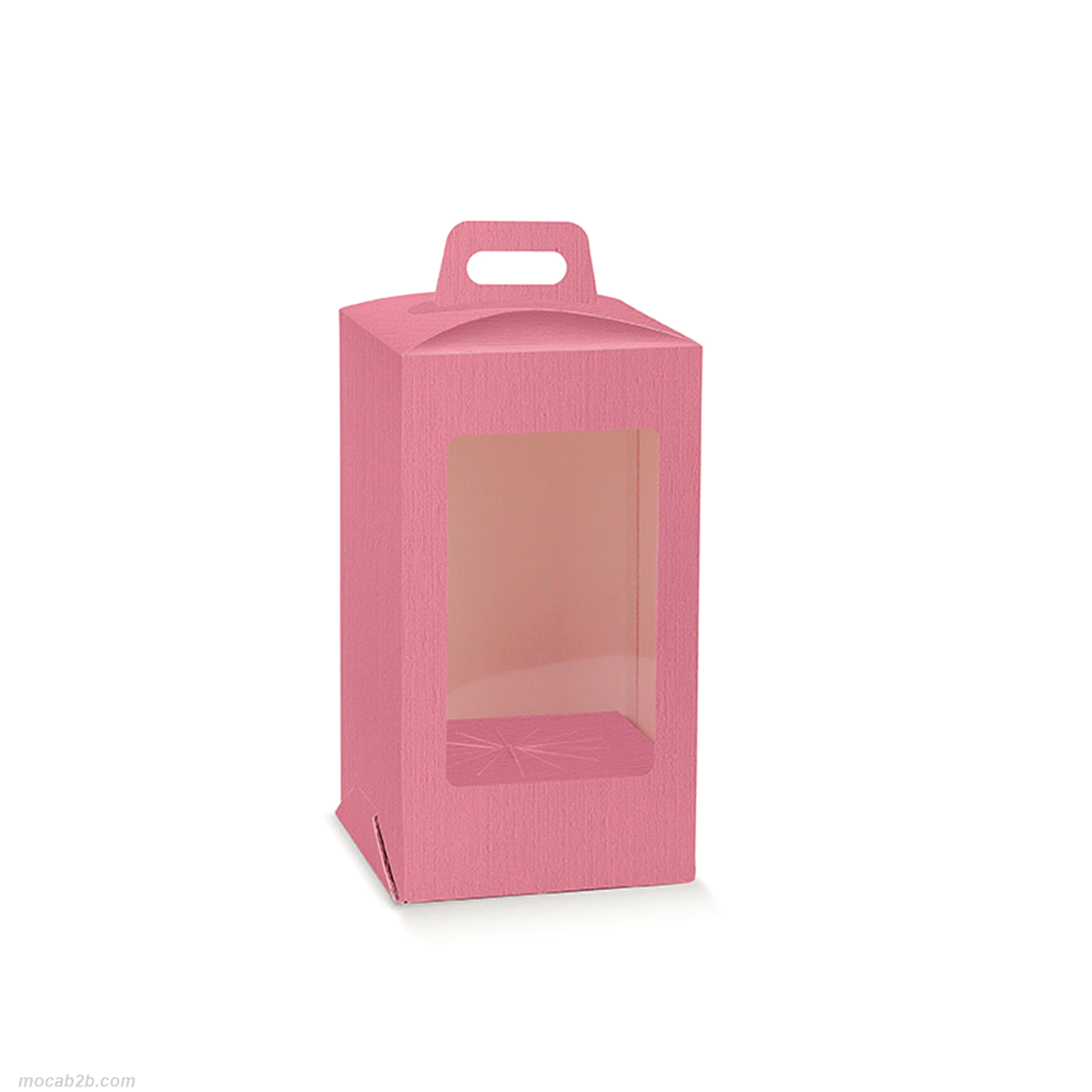 Scatola con fondo in cartone accoppiato con foro fustellato e corpo superiore in cartoncino teso con maniglia e finestra frontale in pvc.Può contenere uova o soggetti di cioccolato 