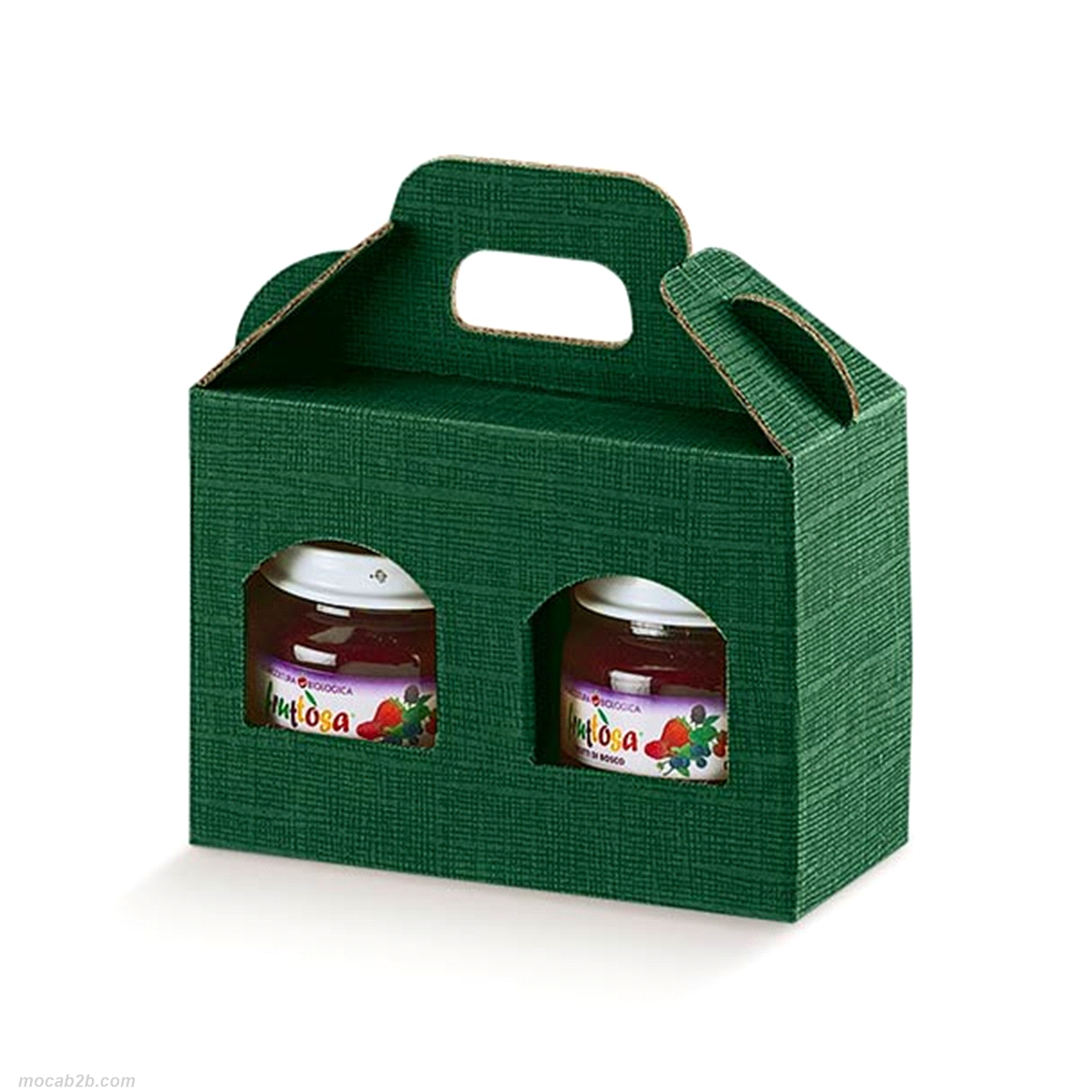 Scatola in cartone accoppiato con maniglia per contenere 2 vasetti in vetro modello Basic, Orcio, Standard e altri. Il cartoncino fustellato delle finestre si utilizza come separatore.
 