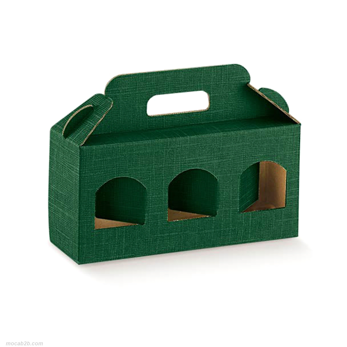 Scatola in cartone accoppiato con maniglia per contenere 3 vasetti in vetro modello Basic, Orcio, Standard e altri. Il cartoncino fustellato delle finestre si utilizza come separatore.
 