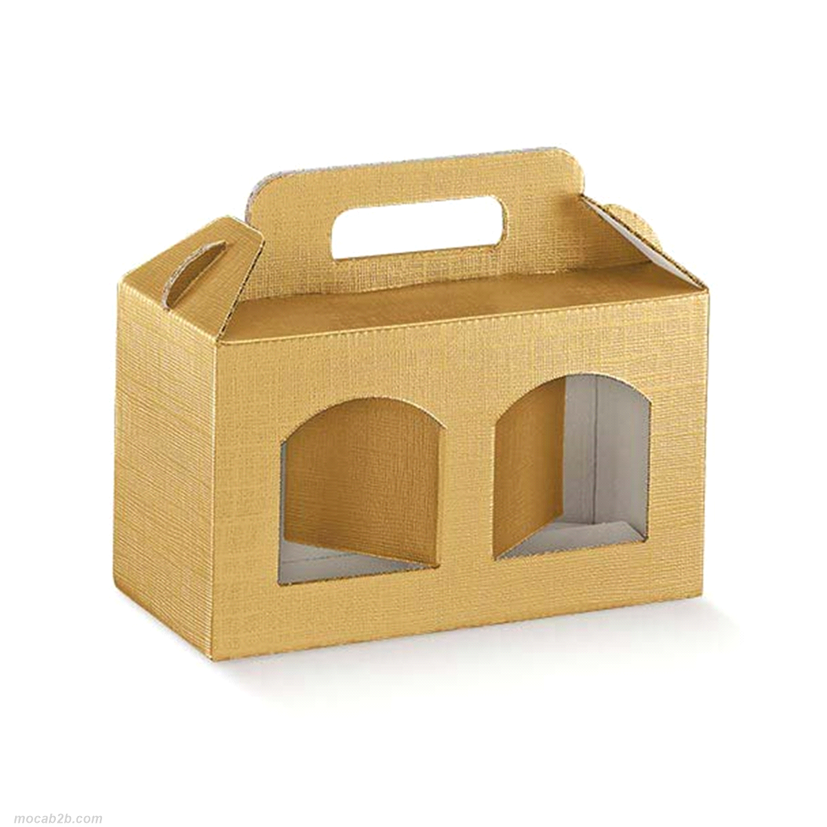 Scatola in cartone accoppiato con maniglia per contenere 2 vasetti in vetro modello Basic, Orcio, Standard e altri. Il cartoncino fustellato delle finestre si utilizza come separatore.
 