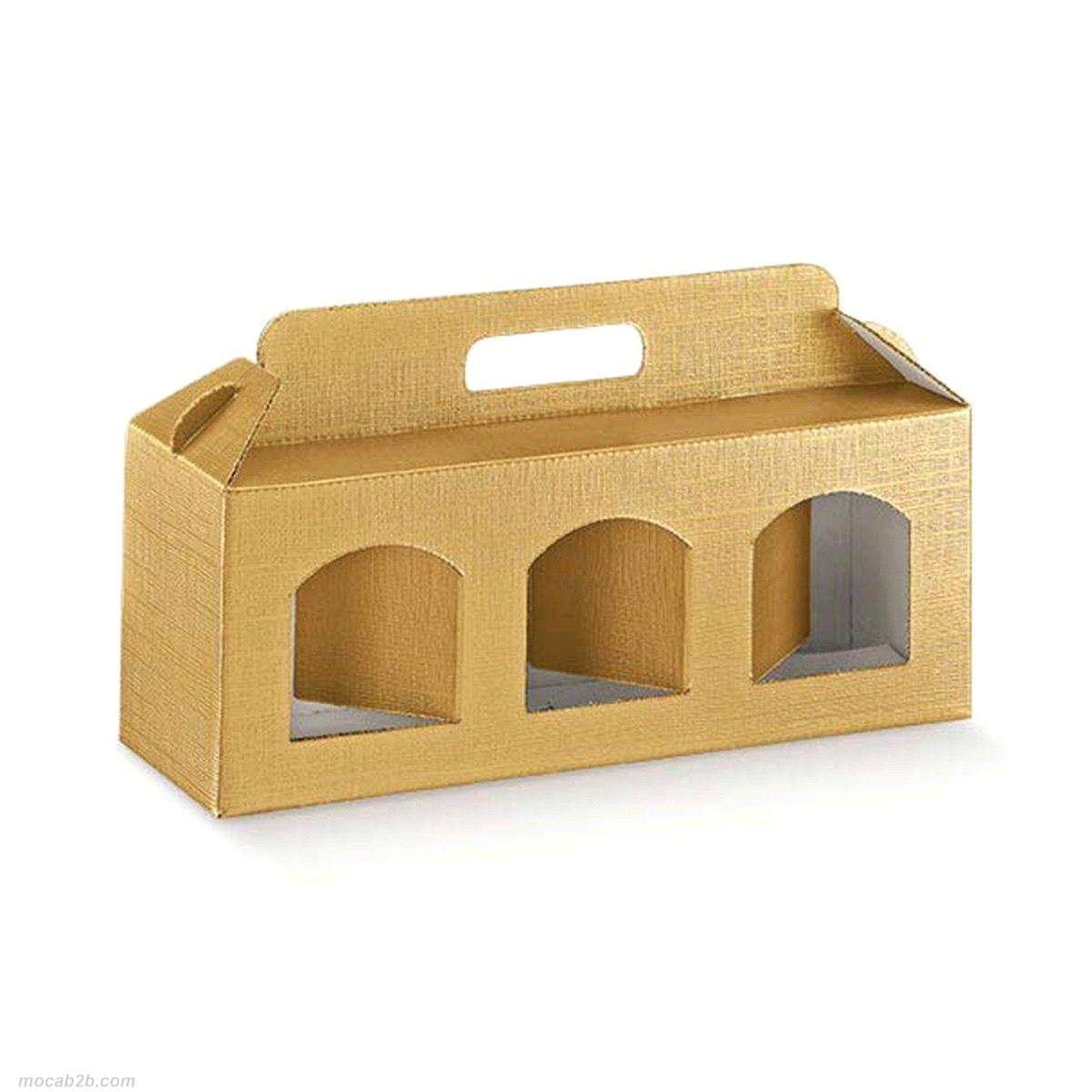 Scatola in cartone accoppiato con maniglia per contenere 3 vasetti in vetro modello Basic, Orcio, Standard e altri. Il cartoncino fustellato delle finestre si utilizza come separatore.
 