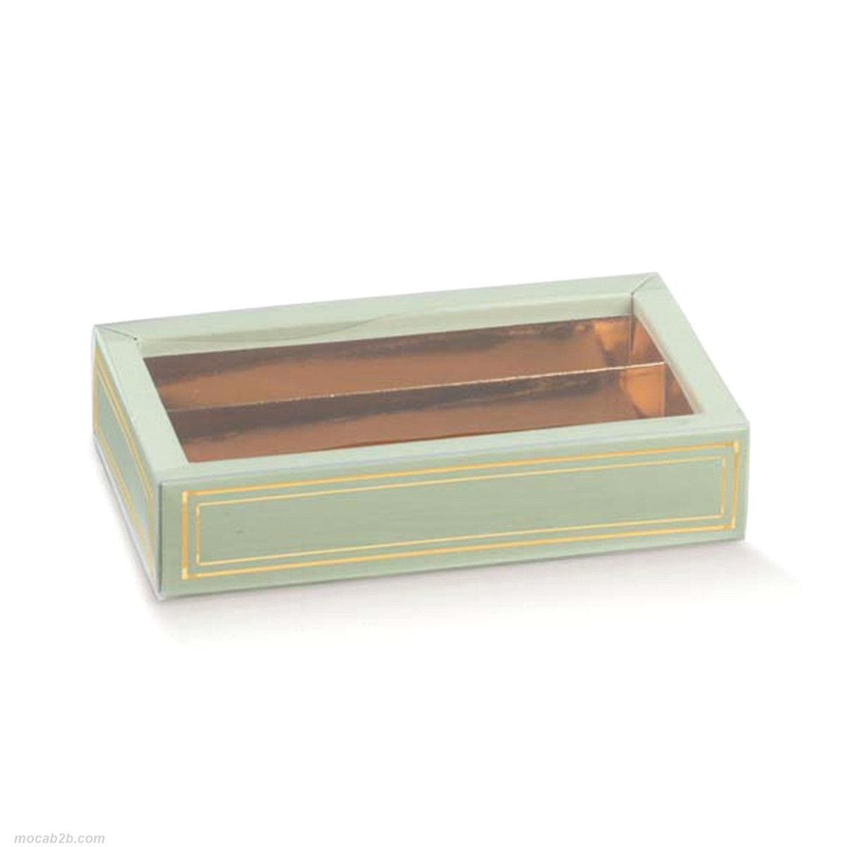 Scatola composta da fondo in cartoncino teso e fascetta di chiusura in pvc trasparente, provvista di inserto separatore modulare in cartoncino accoppiato a poliestere oro, per contenere praline, prodotti dolciari.
 