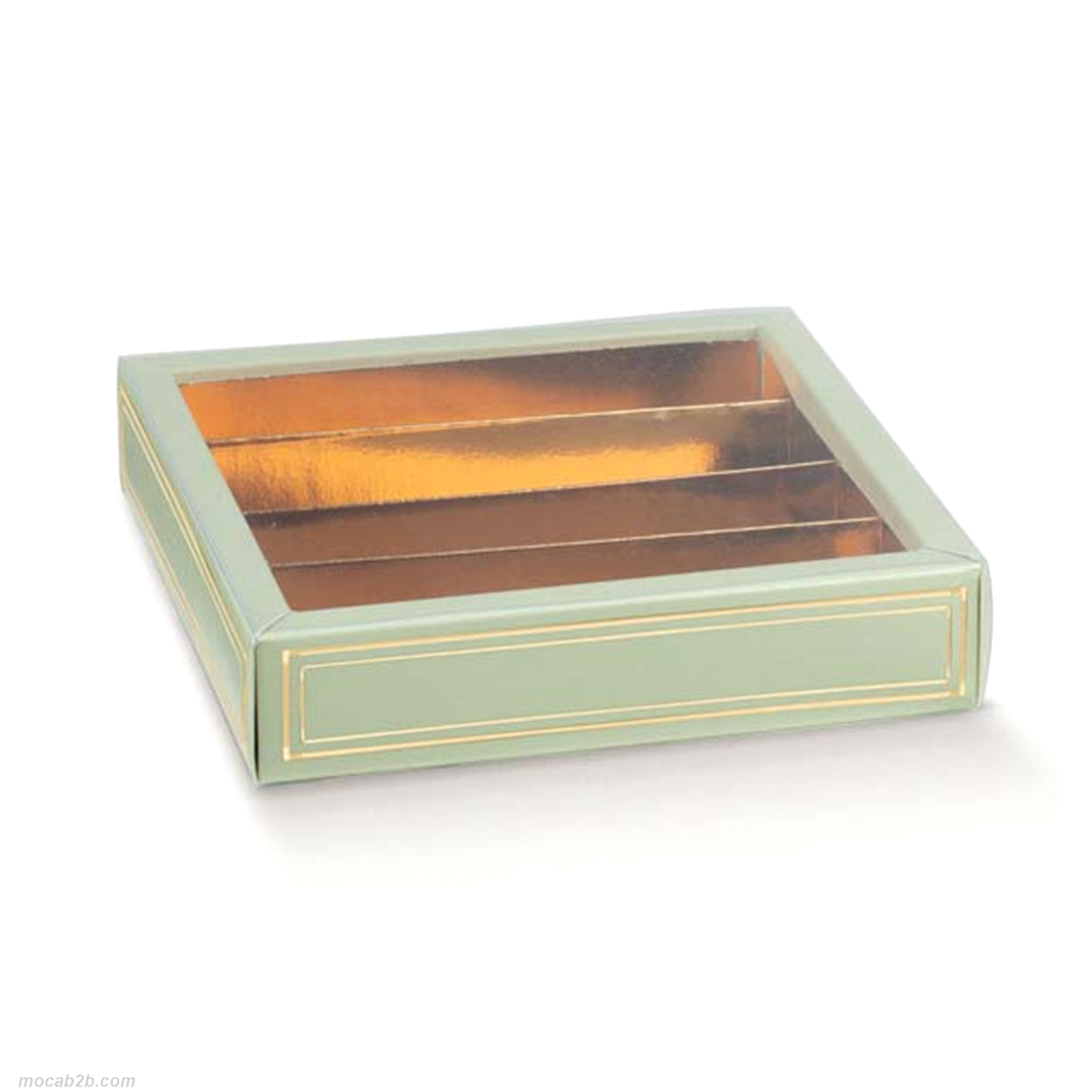 Scatola composta da fondo in cartoncino teso e fascetta di chiusura in pvc trasparente, provvista di inserto separatore modulare in cartoncino accoppiato a poliestere oro, per contenere praline, prodotti dolciari.
 