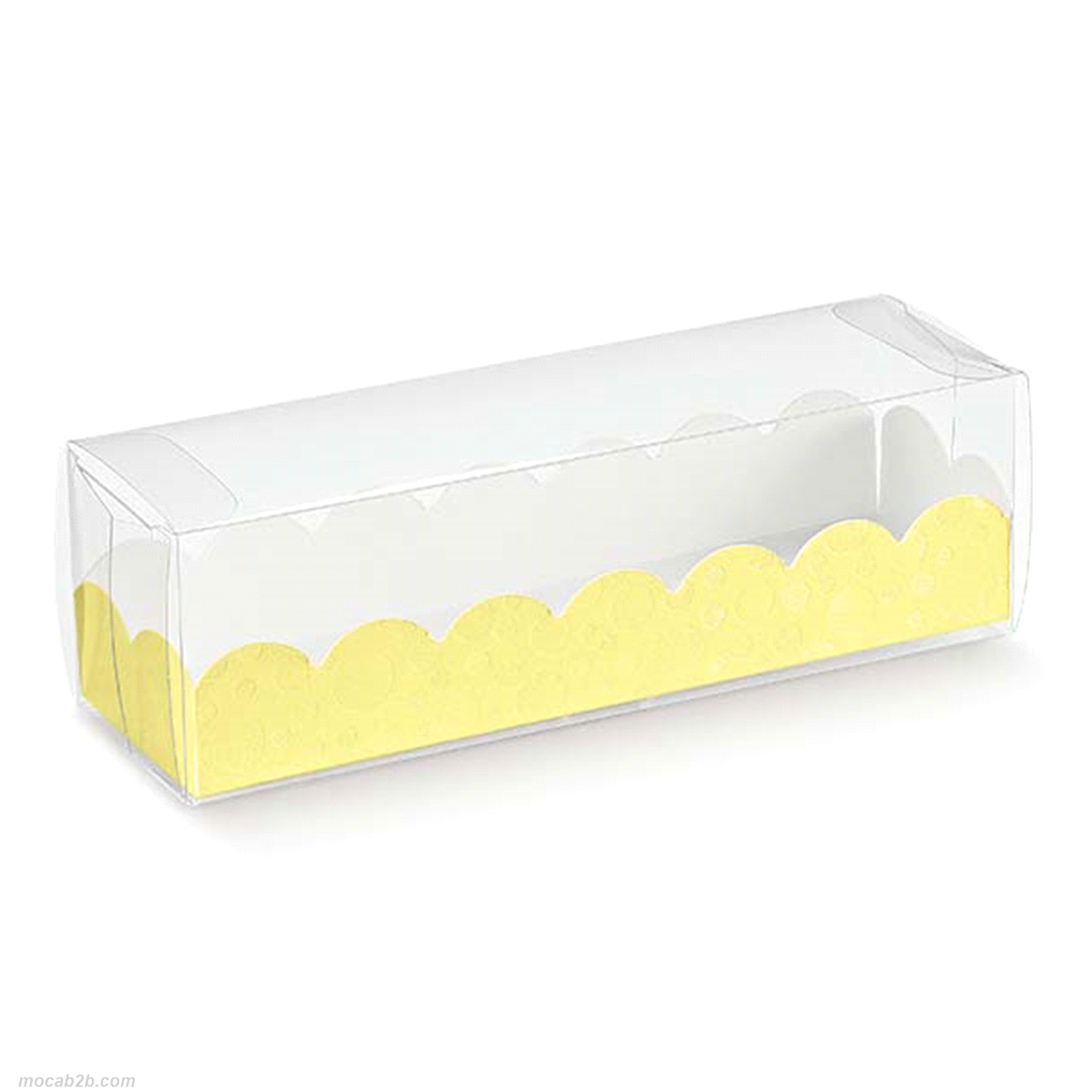 Astuccio trasparente con aperture laterali fornito con fondino goffrato esternamente e realizzato con cartoncino alimentare. Formati ideali per contenere macarons o dolcetti artigianali. 