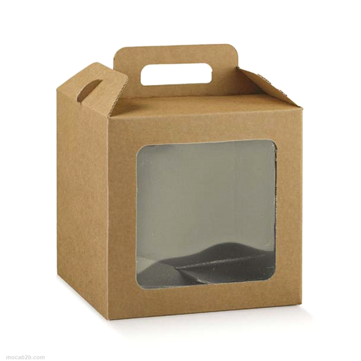 Scatola in cartone accoppiato per confezioni gastronomiche o articoli regalo con maniglia per il trasporto. La finestra trasparente è in materiale PLA biodegradabile e consente la visione dei prodotti.
 