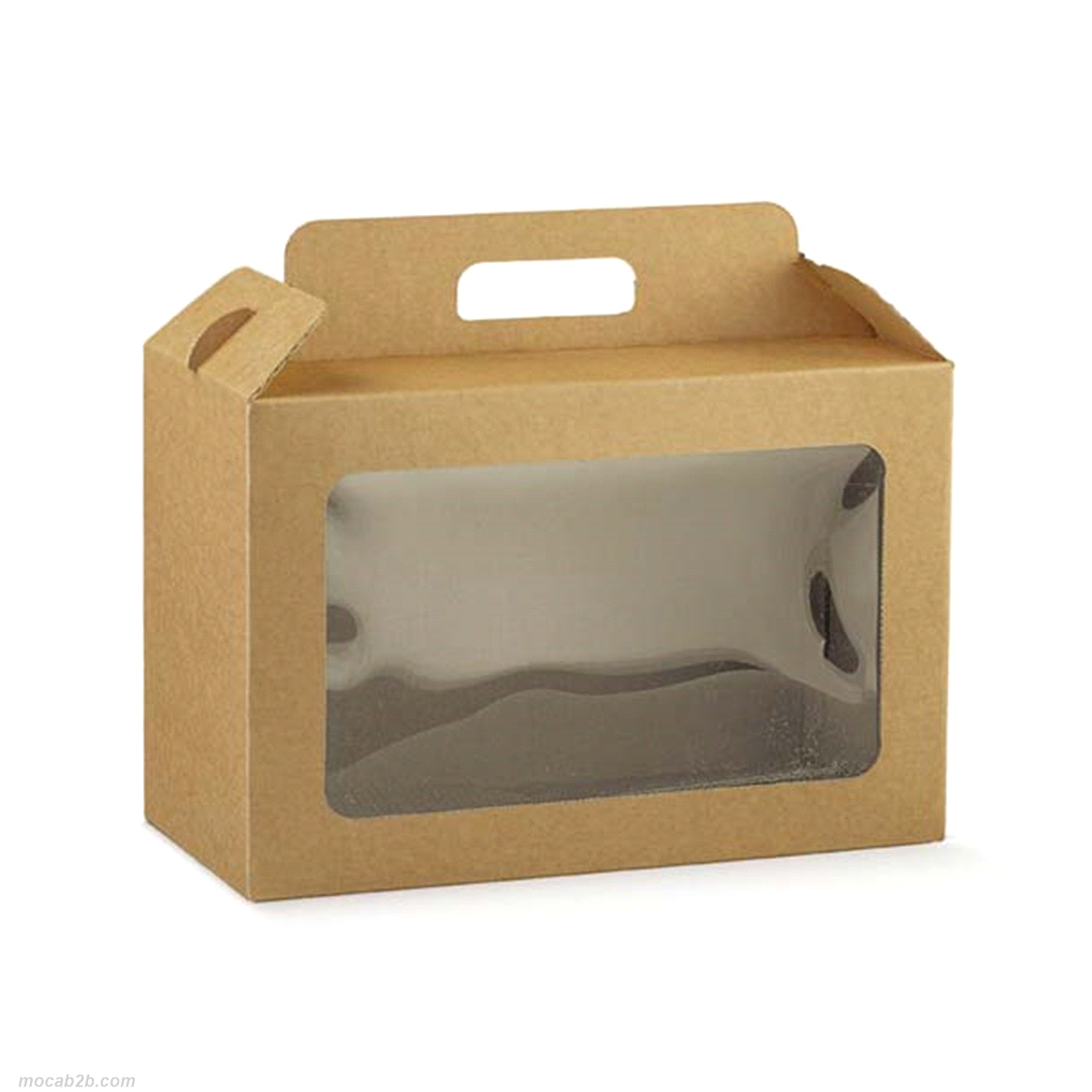 Scatola in cartone accoppiato per confezioni gastronomiche o articoli regalo con maniglia per il trasporto. La finestra trasparente è in materiale PLA biodegradabile e consente la visione dei prodotti.
 