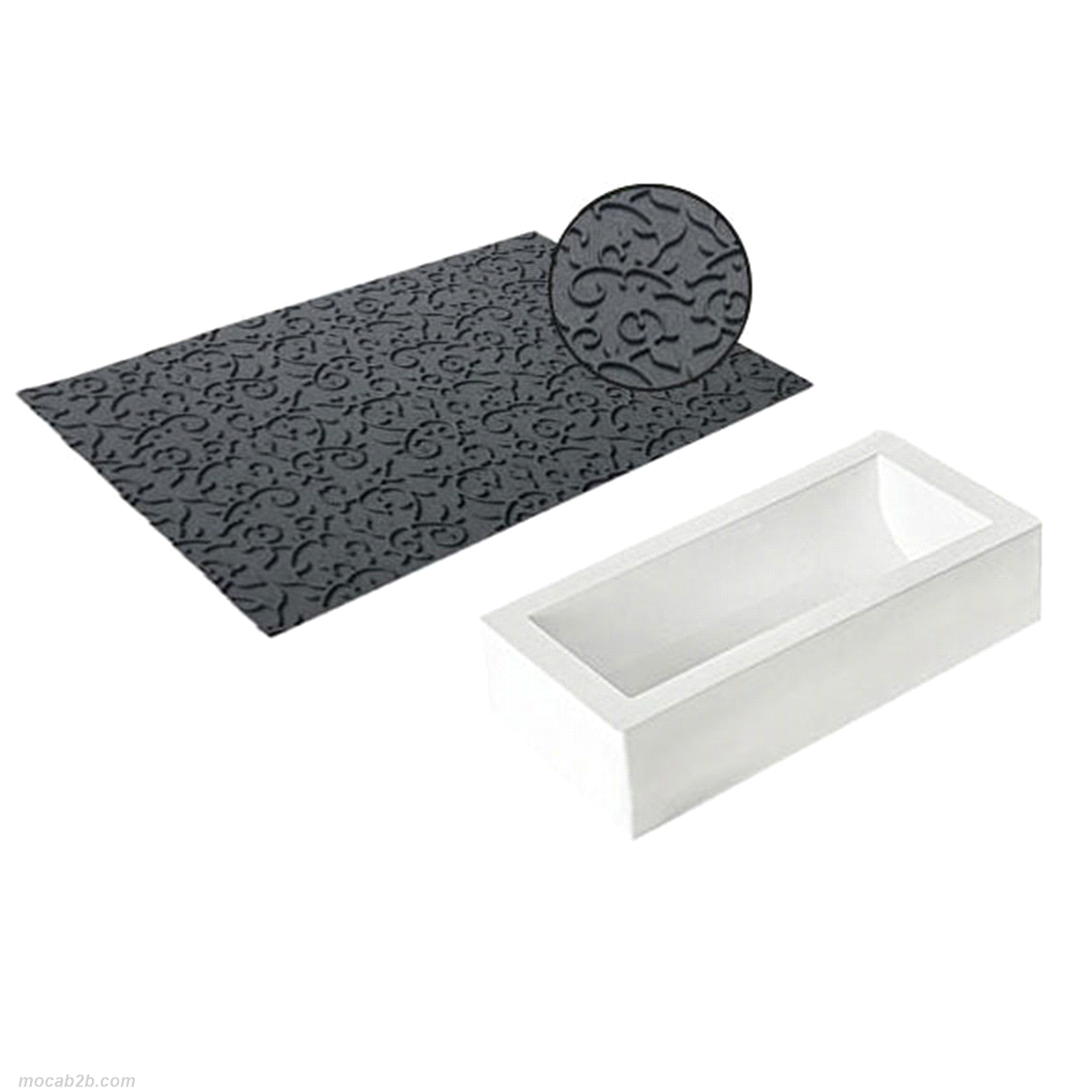 Il tappetino arabesque di dimensioni 280 x 185 h 6 mm si presenta nel colore nero e si adatta perfettamente allo stampo dalla forma tronchetto Bûche (250 x 90 h 70 mm) permettendo così, dopo aver inserito il tappetino al suo interno, di realizzare un perfetto tronchetto in preparazioni cotte o semifreddo dalla trama arabescata. 