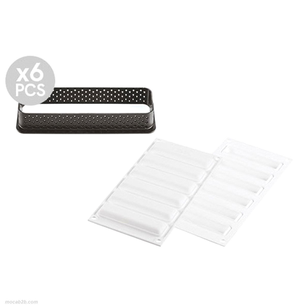 Composto da due elementi: sei anelli rettangolari 120 x 35 h 20 mm in materiale termoplastico composito indeformabile adatto all’uso in forno per la realizzazione della base e uno stampo in silicone composto da sei cavità 107 x 23 mm ciascuna. 