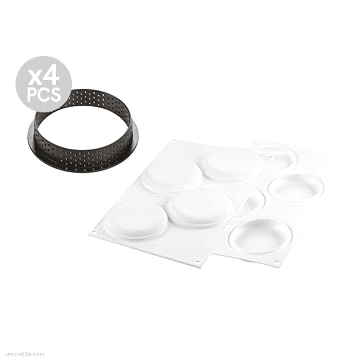 Composto da due elementi: quattro anelli da 100 mm di diametro in materiale termoplastico composito indeformabile adatto all’uso in forno per la realizzazione della base e uno stampo in silicone composto da quattro cavità da 85 mm di diametro ciascuna, che consente di realizzare una mousse o un cremoso da adagiare sopra alla pasta frolla. 