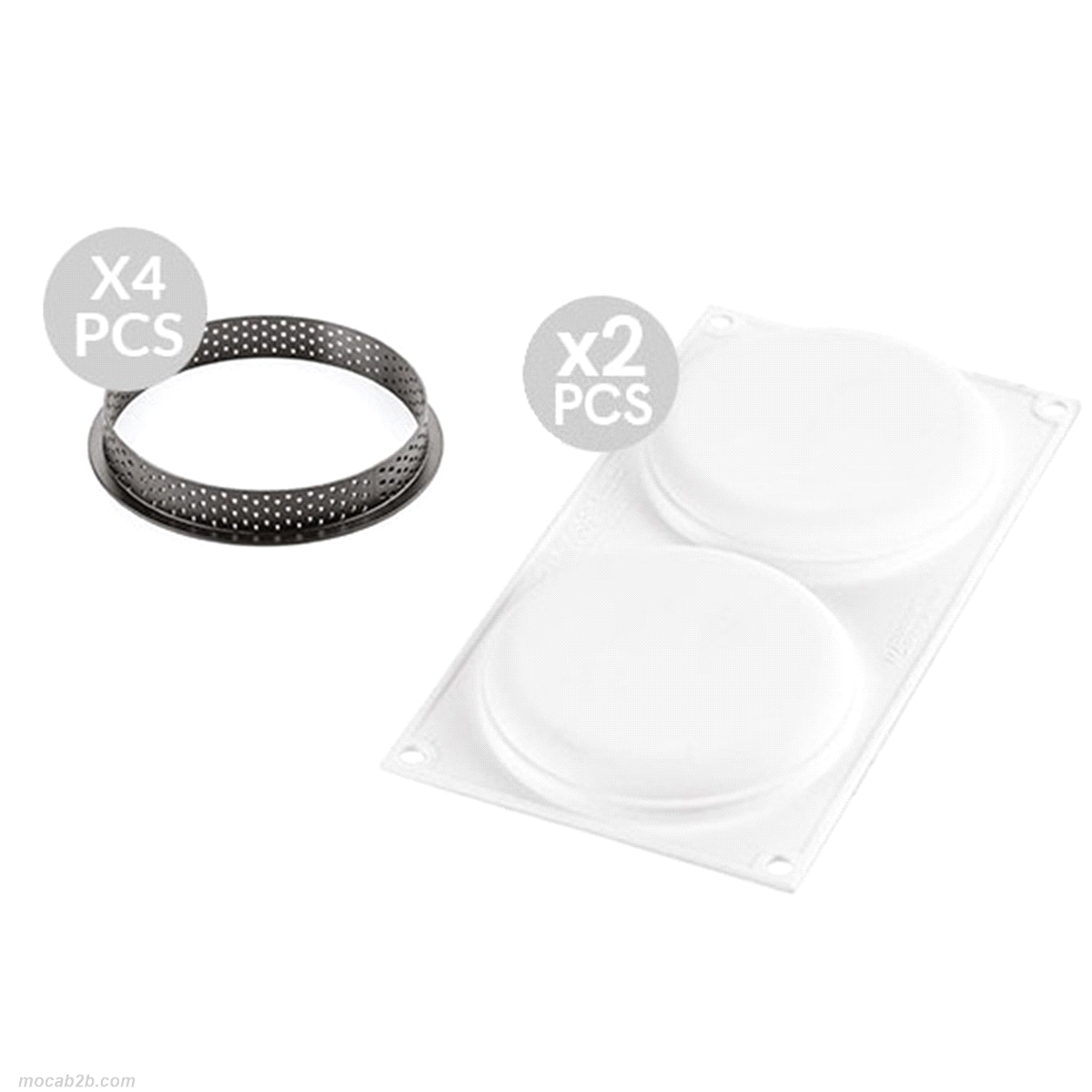 Composto da due elementi: quattro anelli da 120 mm di diametro in materiale termoplastico composito indeformabile adatto all’uso in forno per la realizzazione della base e due stampi in silicone ciascuno con due cavità da 105 mm di diametro. 