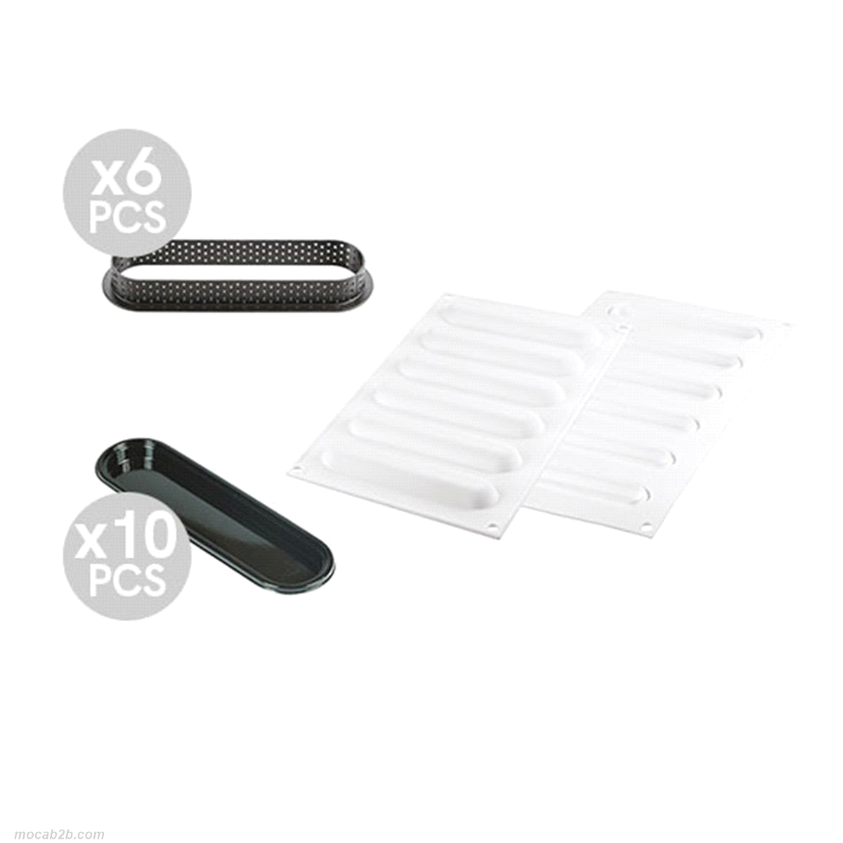 Composto da due elementi: sei anelli da 146x34 h 20 mm in materiale termoplastico composito indeformabile adatto all’uso in forno per la realizzazione della base e uno stampo in silicone composto da sei cavità da 133x21 h 12 mm ciascuna. 