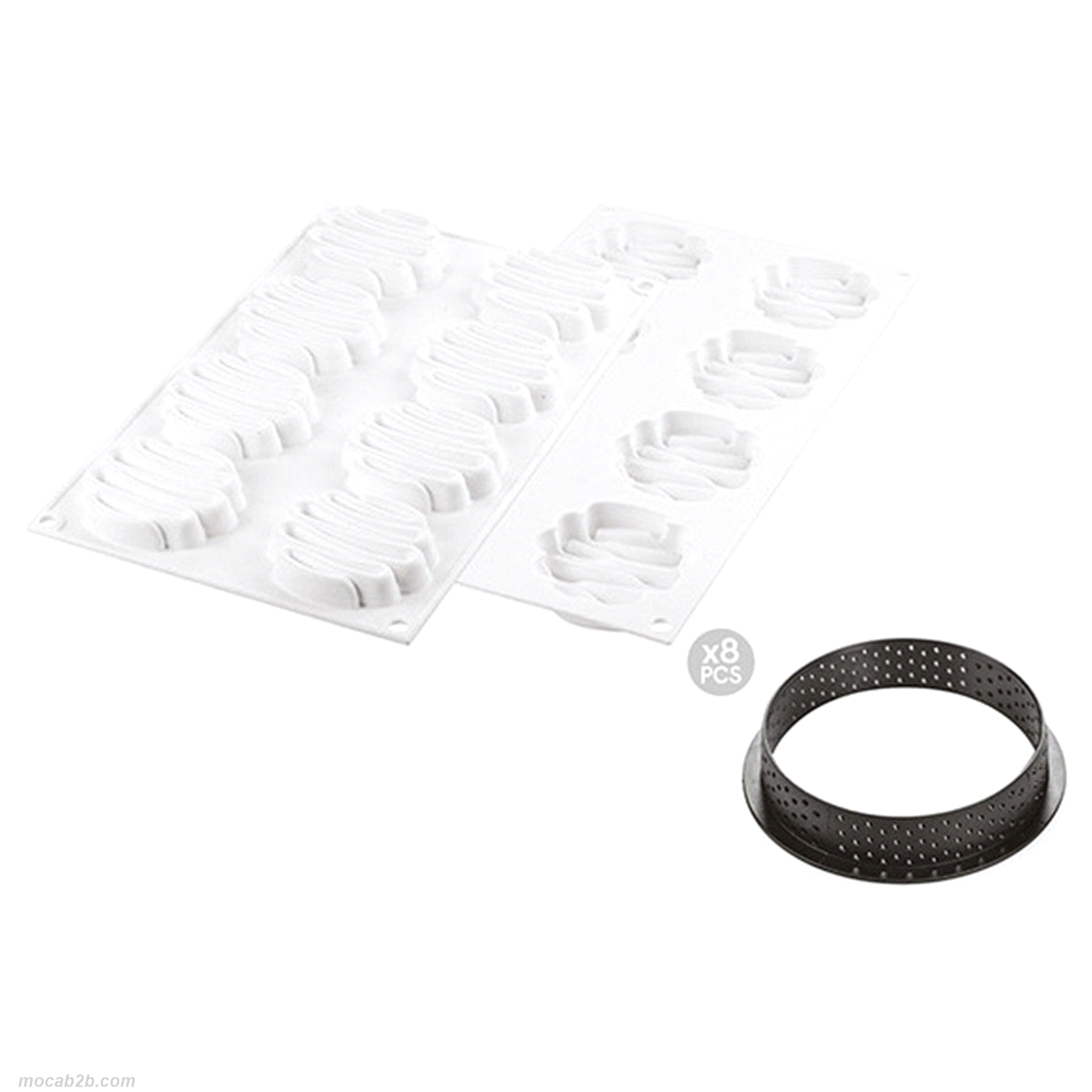 Composto da due elementi: 8 anelli da 80 mm di diametro in materiale termoplastico composito indeformabile adatto all’uso in forno per la realizzazione della base e uno stampo in silicone composto da 8 cavità Ø 70 h 13 mm ciascuna. 