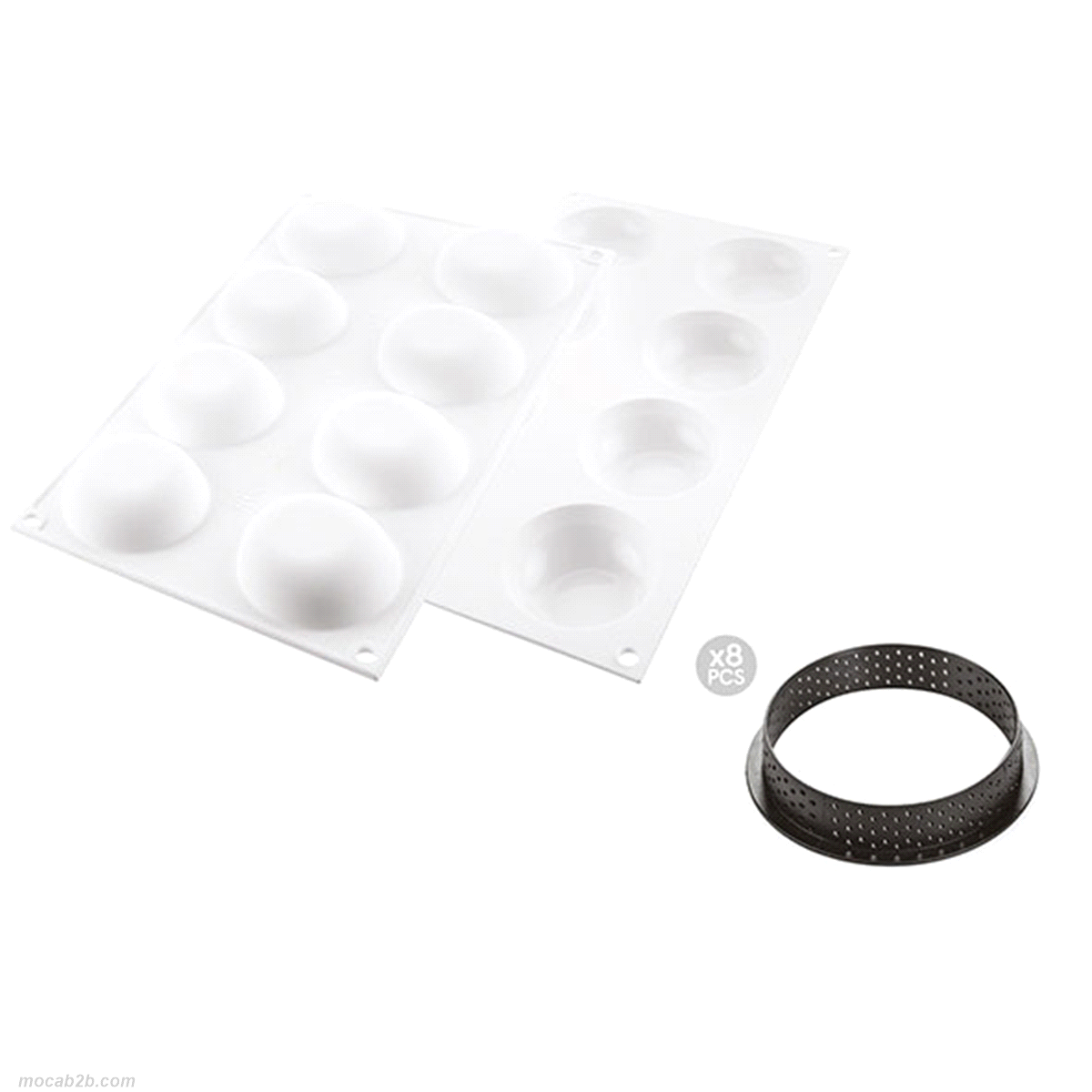 Composto da due elementi: 8 anelli da 70 mm di diametro in materiale termoplastico composito indeformabile adatti all’uso in forno per la realizzazione delle basi e uno stampo in silicone da 64 mm di diametro che consente di realizzare delle mousse o dei cremosi da adagiare sopra alle frolle 