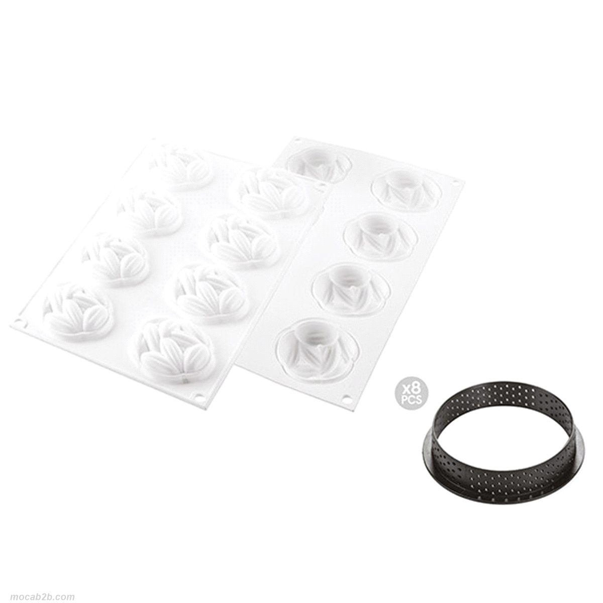 Composto da due elementi: otto anelli da 70 mm di diametro in materiale termoplastico composito indeformabile adatti all’uso in forno per la realizzazione delle basi e uno stampo in silicone composto da otto cavità Ø 60 h 20 mm ciascuna. 