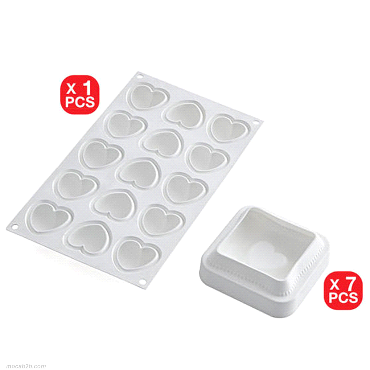 Composto da 7 stampi a forma di cuscino e da uno stampo per 15 mignon a forma di cuore, per realizzare originali preparazioni dal volume totale di 270 ml. 